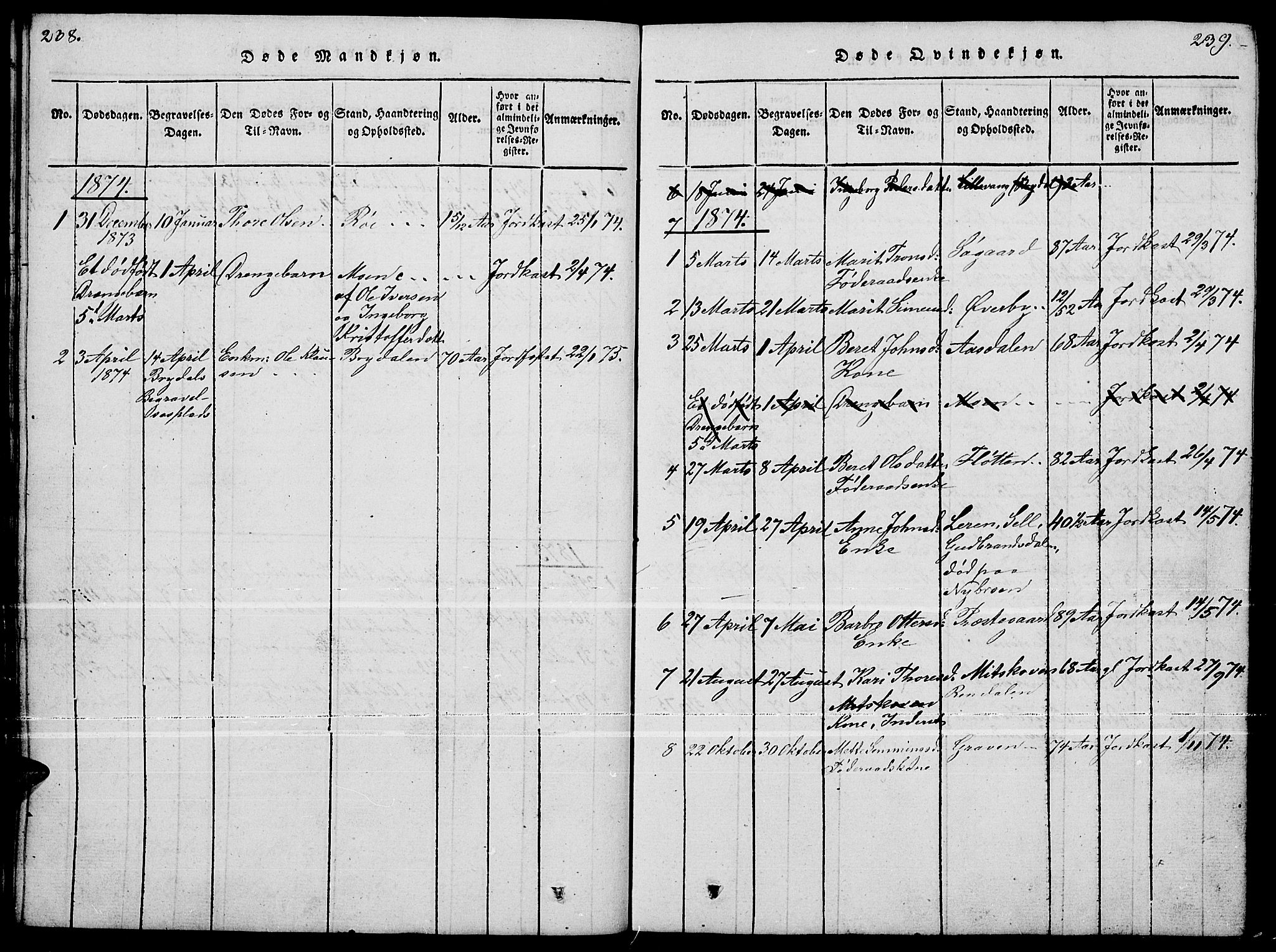 Tynset prestekontor, SAH/PREST-058/H/Ha/Hab/L0004: Parish register (copy) no. 4, 1814-1879, p. 238-239