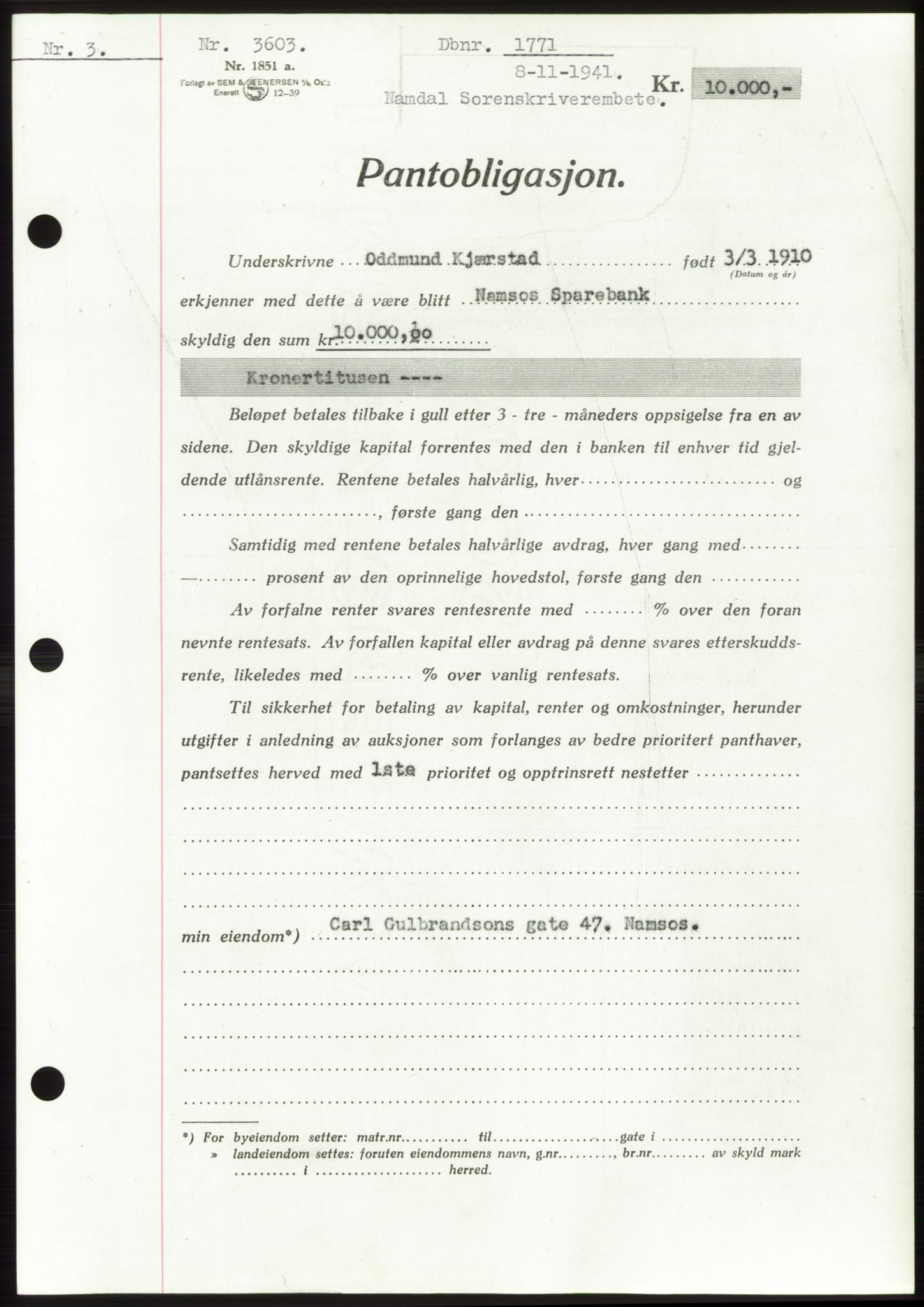 Namdal sorenskriveri, SAT/A-4133/1/2/2C: Mortgage book no. -, 1941-1942, Diary no: : 1771/1941