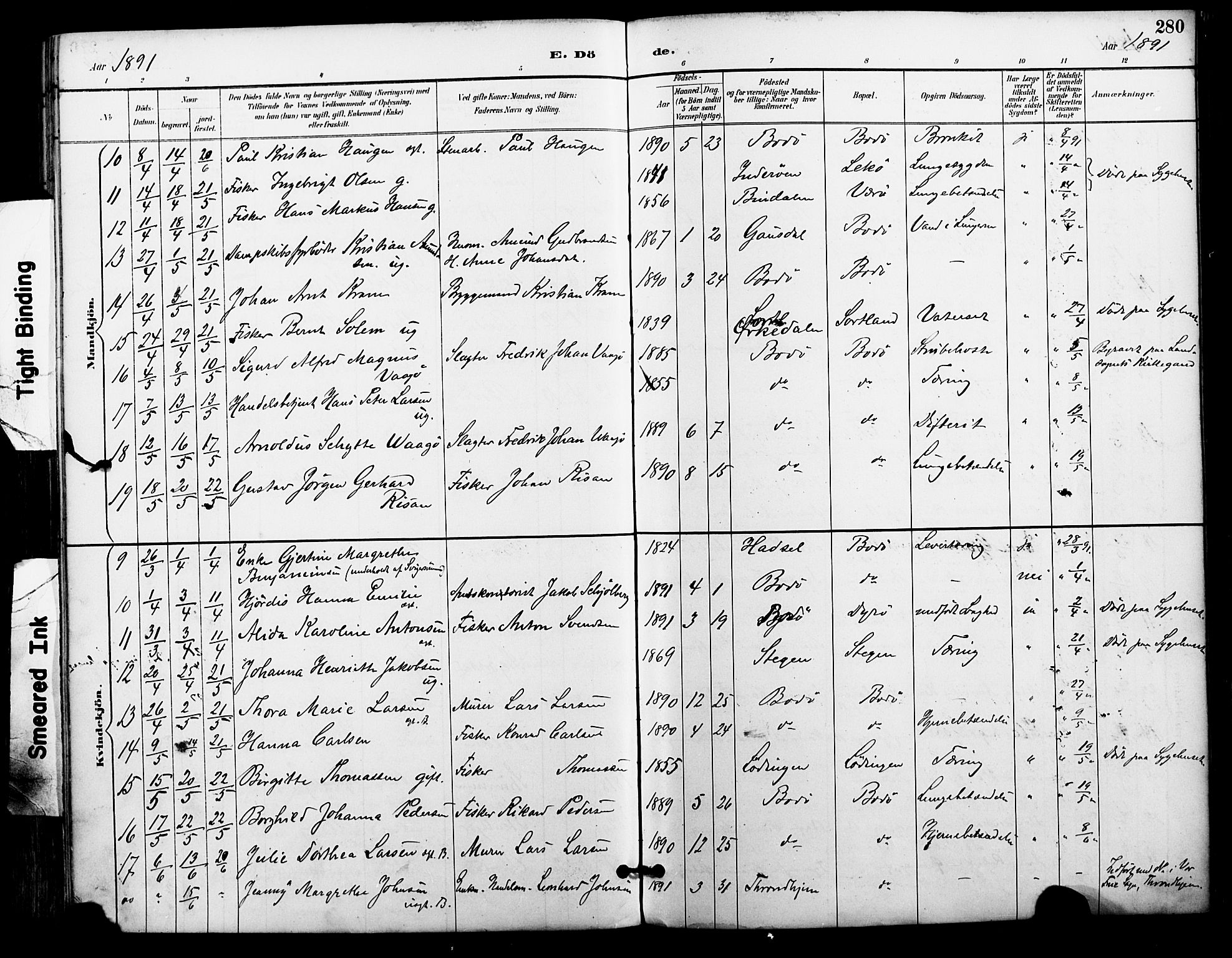 Ministerialprotokoller, klokkerbøker og fødselsregistre - Nordland, AV/SAT-A-1459/801/L0010: Parish register (official) no. 801A10, 1888-1899, p. 280