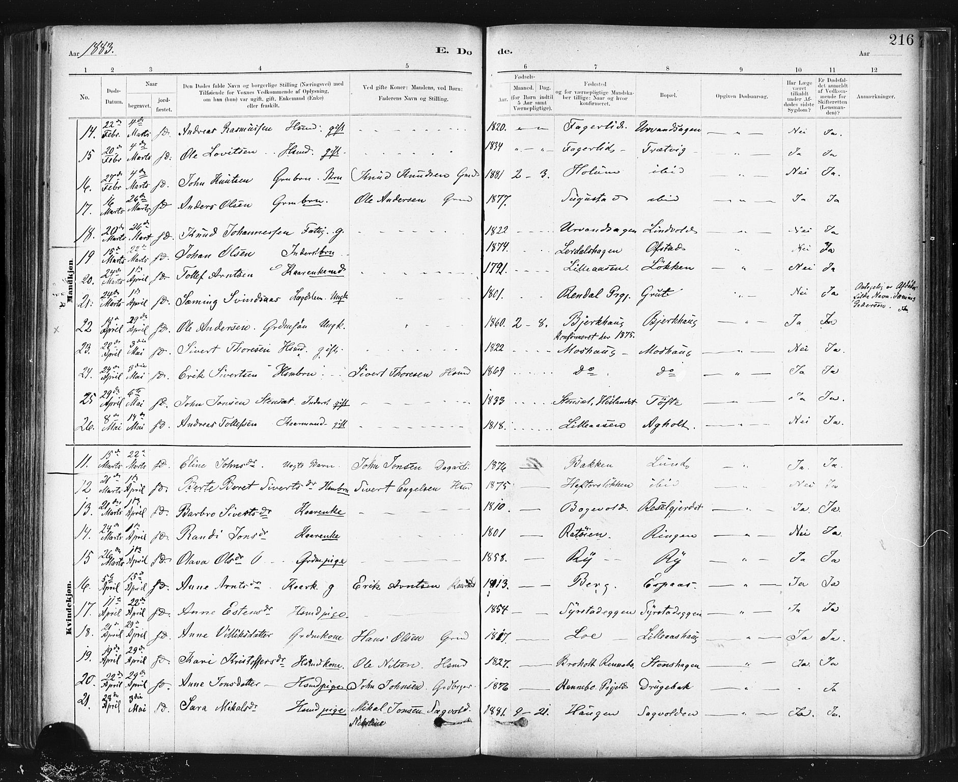 Ministerialprotokoller, klokkerbøker og fødselsregistre - Sør-Trøndelag, AV/SAT-A-1456/672/L0857: Parish register (official) no. 672A09, 1882-1893, p. 216