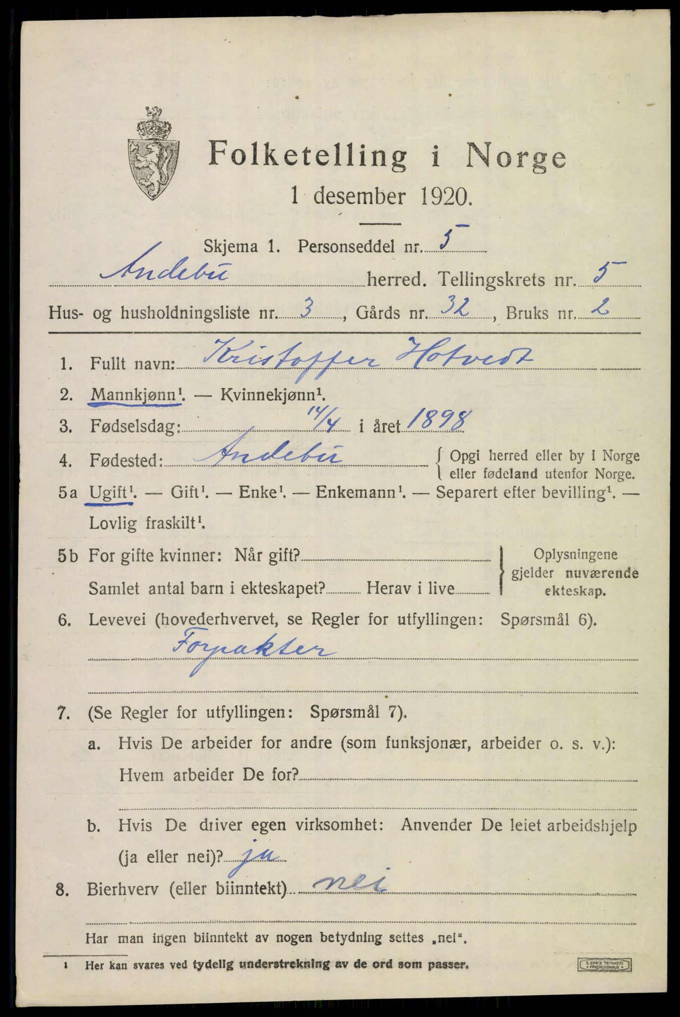 SAKO, 1920 census for Andebu, 1920, p. 2672
