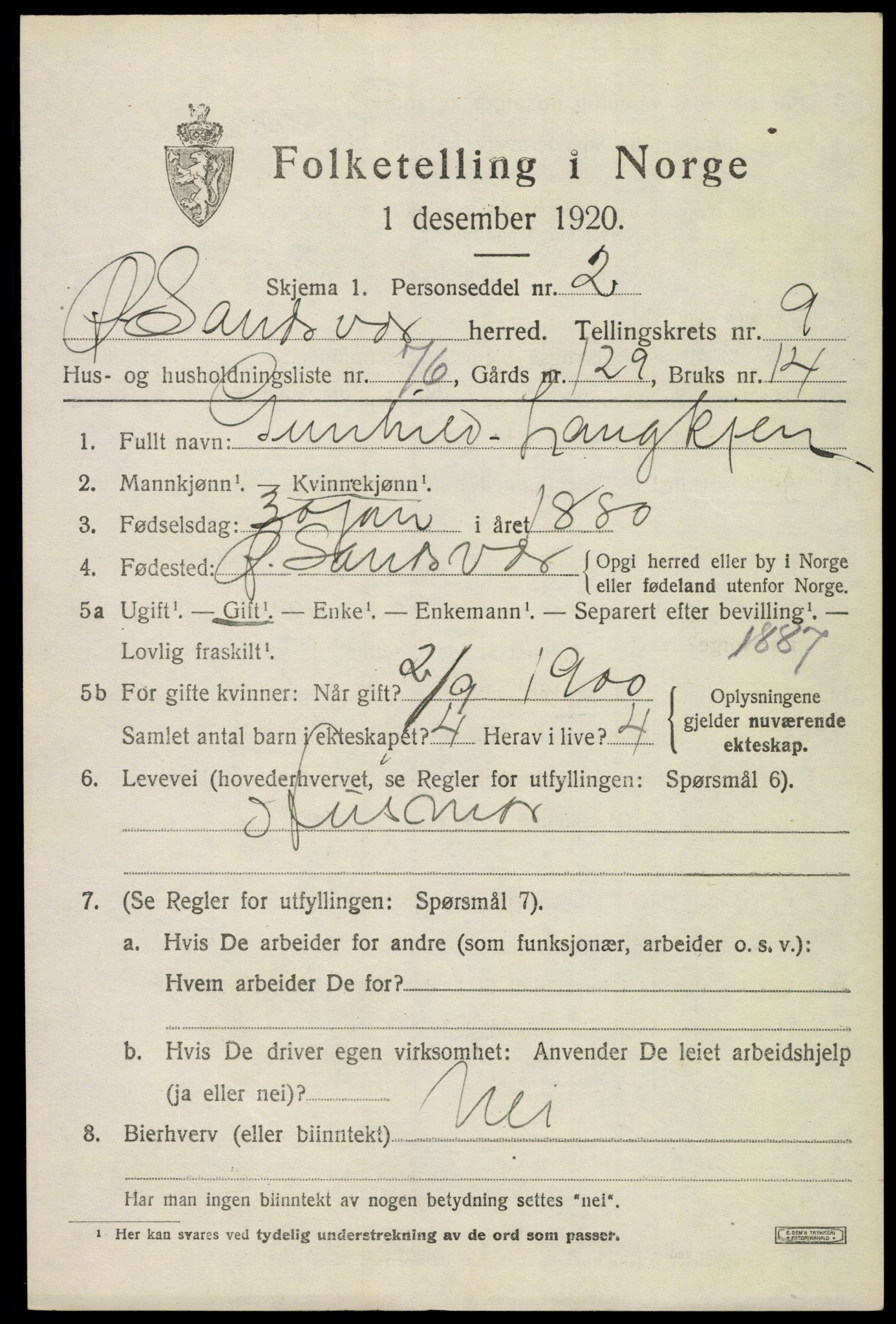 SAKO, 1920 census for Øvre Sandsvær, 1920, p. 5574