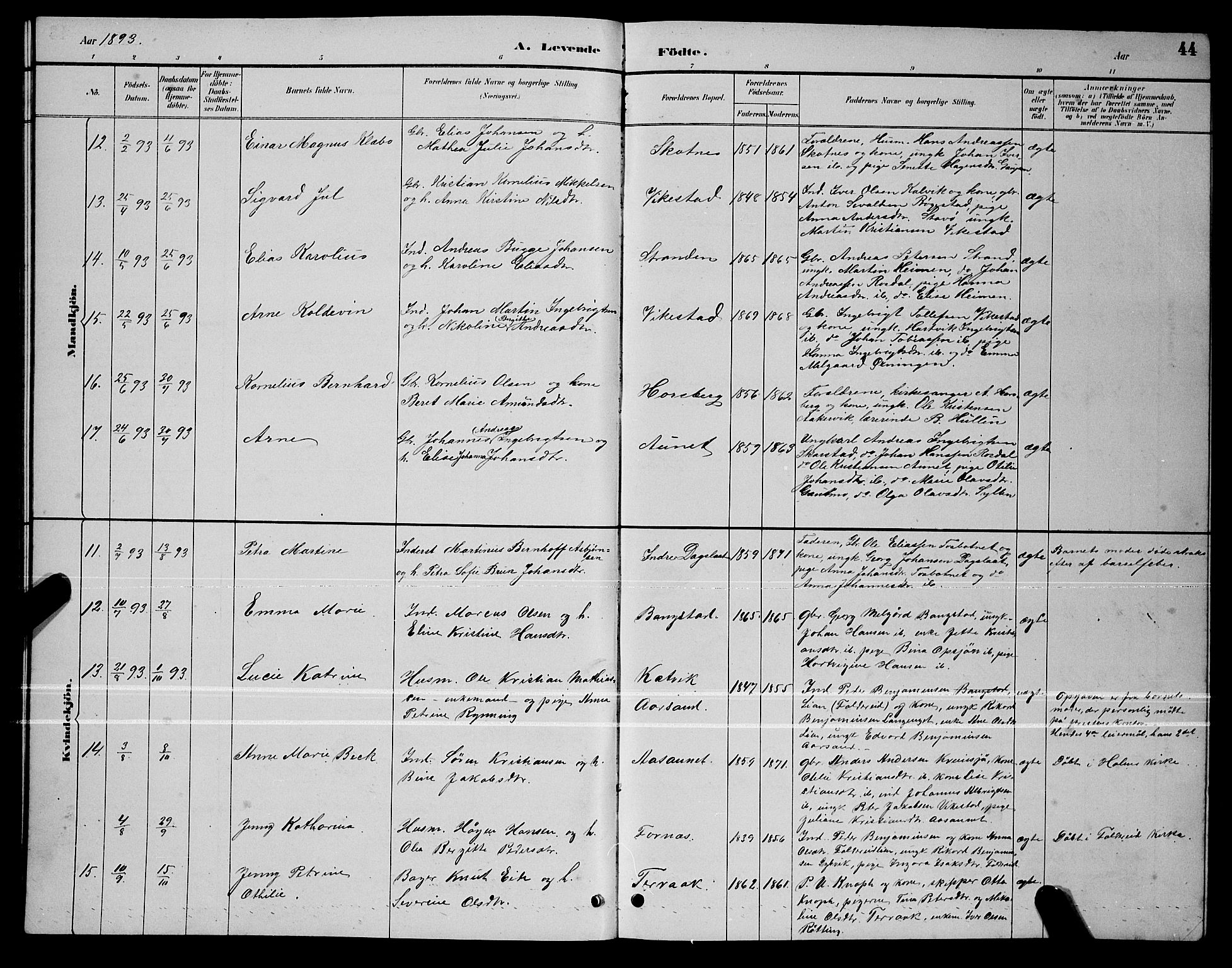 Ministerialprotokoller, klokkerbøker og fødselsregistre - Nordland, AV/SAT-A-1459/810/L0160: Parish register (copy) no. 810C03, 1884-1896, p. 44