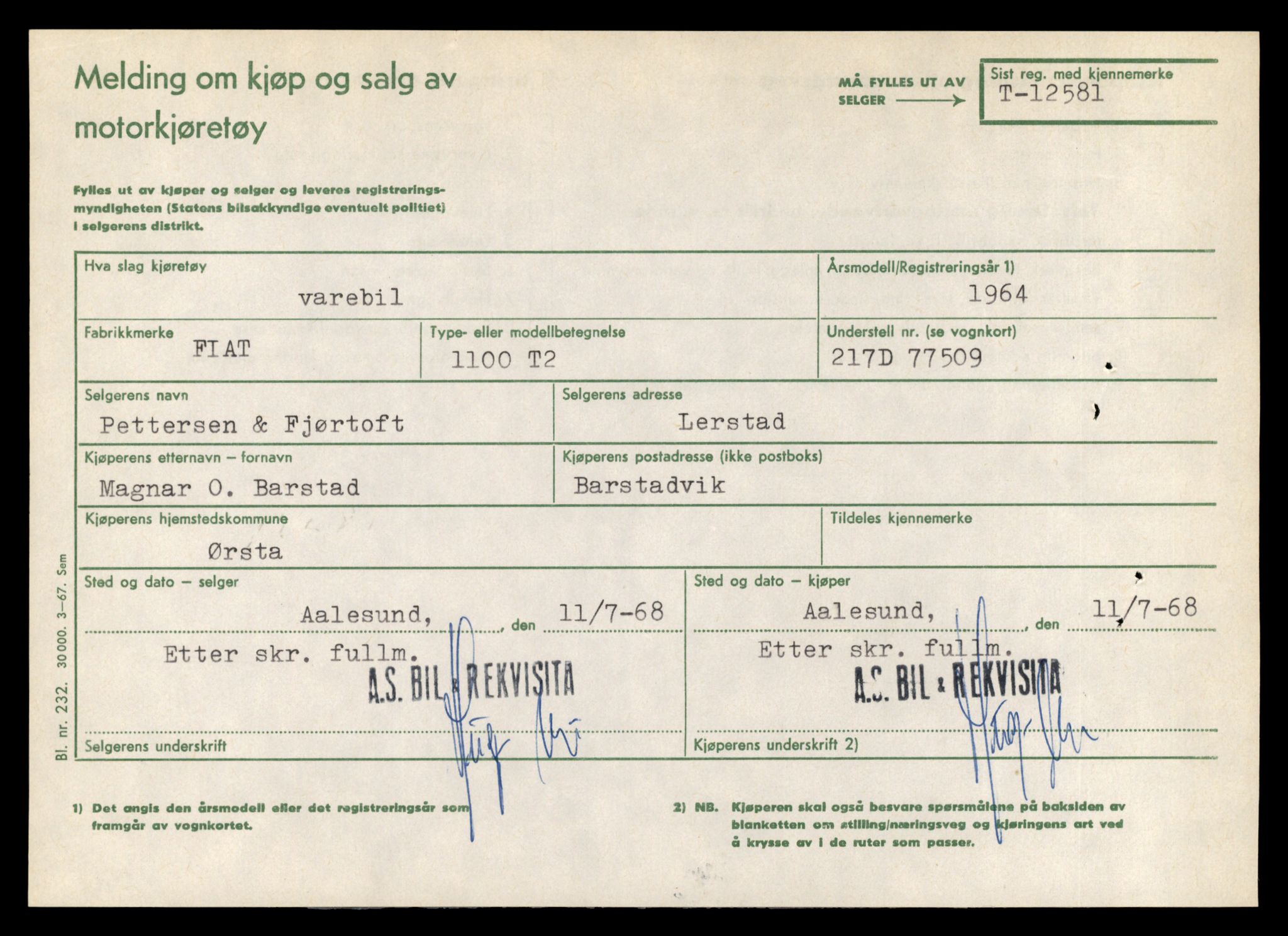 Møre og Romsdal vegkontor - Ålesund trafikkstasjon, AV/SAT-A-4099/F/Fe/L0034: Registreringskort for kjøretøy T 12500 - T 12652, 1927-1998, p. 1560