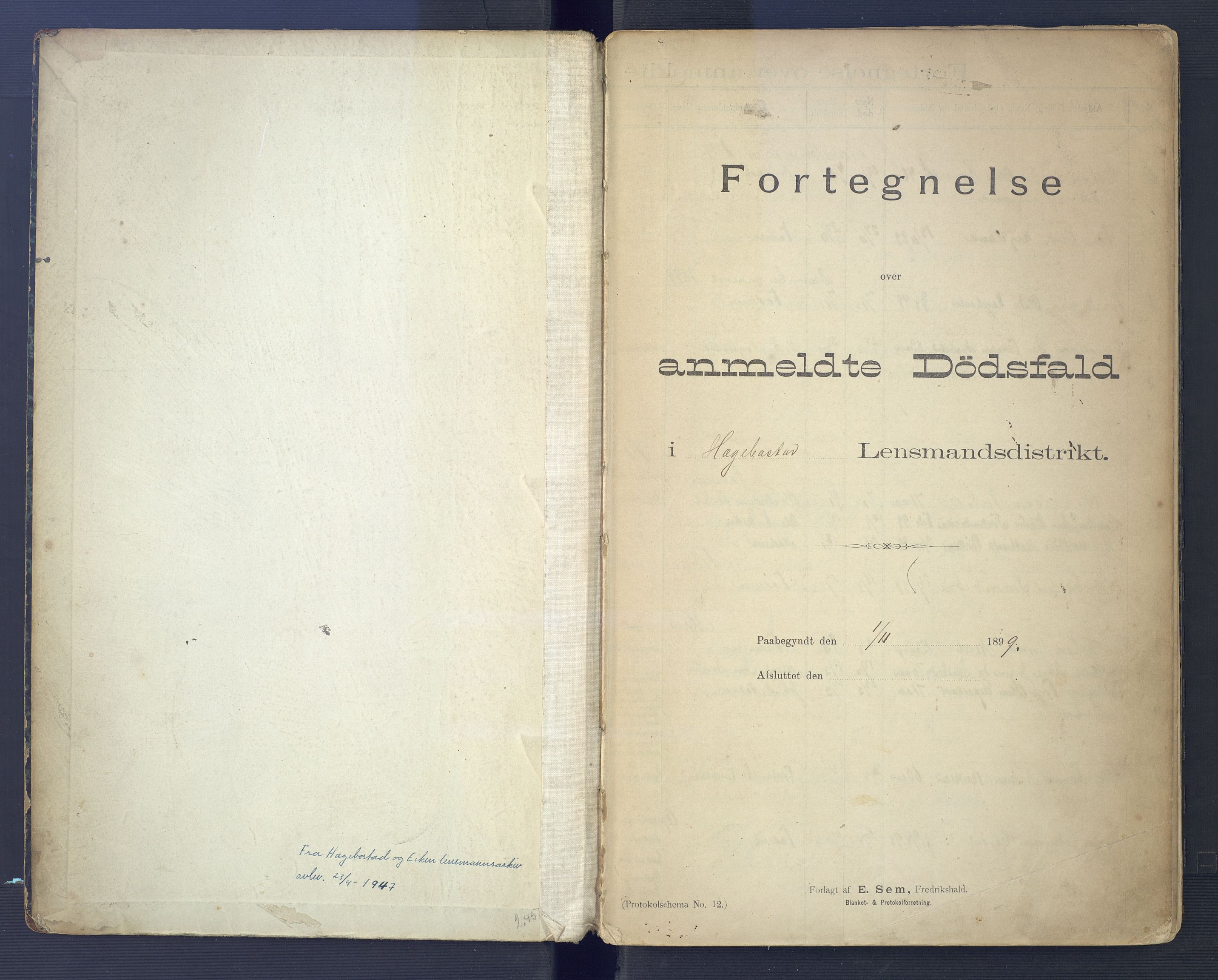 Hægebostad og Eiken lensmannskontor, AV/SAK-1241-0023/F/Fe/L0001: Dødsfallsprotokoll nr 12a, 1899-1917