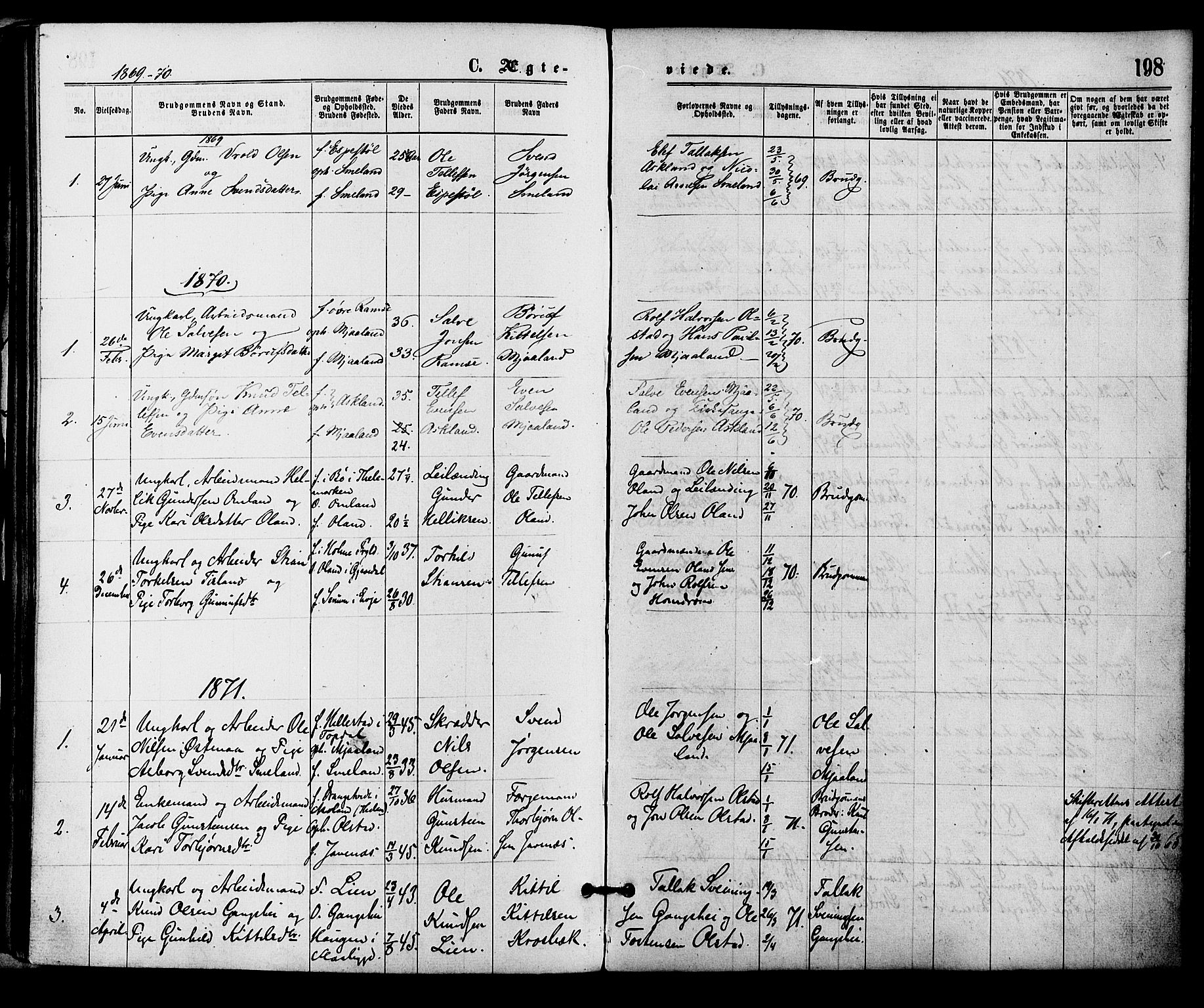 Åmli sokneprestkontor, AV/SAK-1111-0050/F/Fa/Fac/L0009: Parish register (official) no. A 9 /2, 1869-1884, p. 198