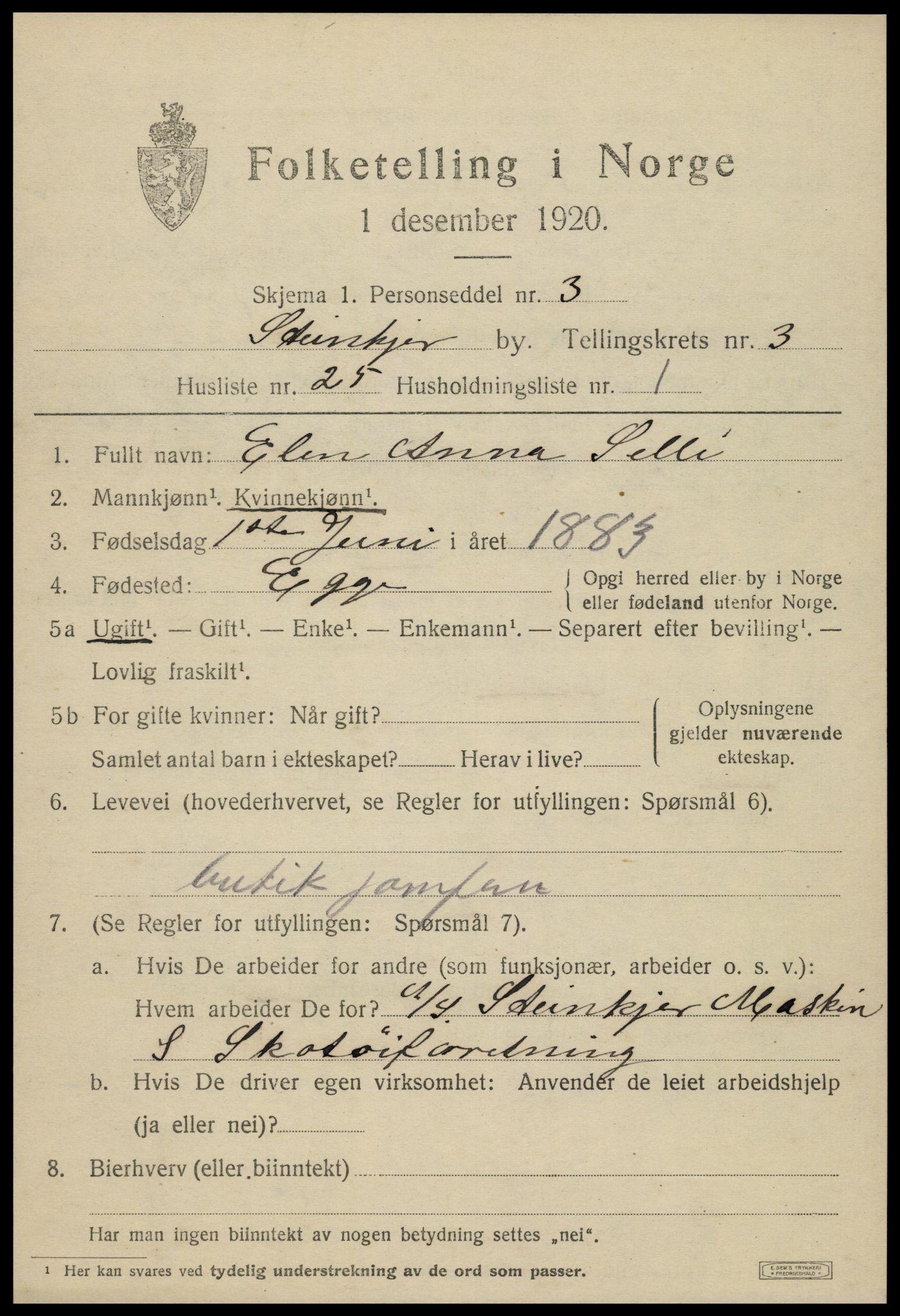 SAT, 1920 census for Steinkjer, 1920, p. 6310