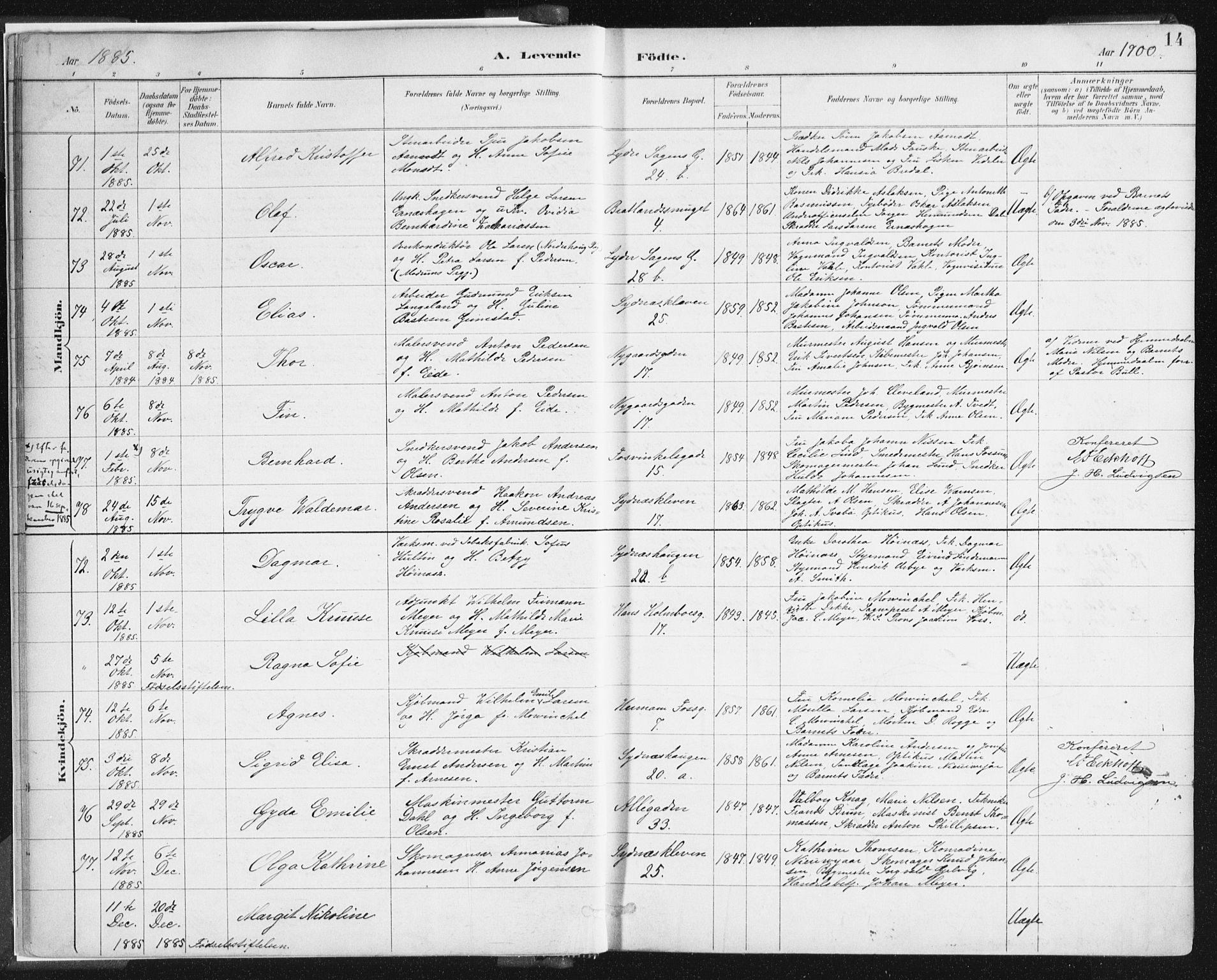 Johanneskirken sokneprestembete, AV/SAB-A-76001/H/Haa/L0001: Parish register (official) no. A 1, 1885-1900, p. 14