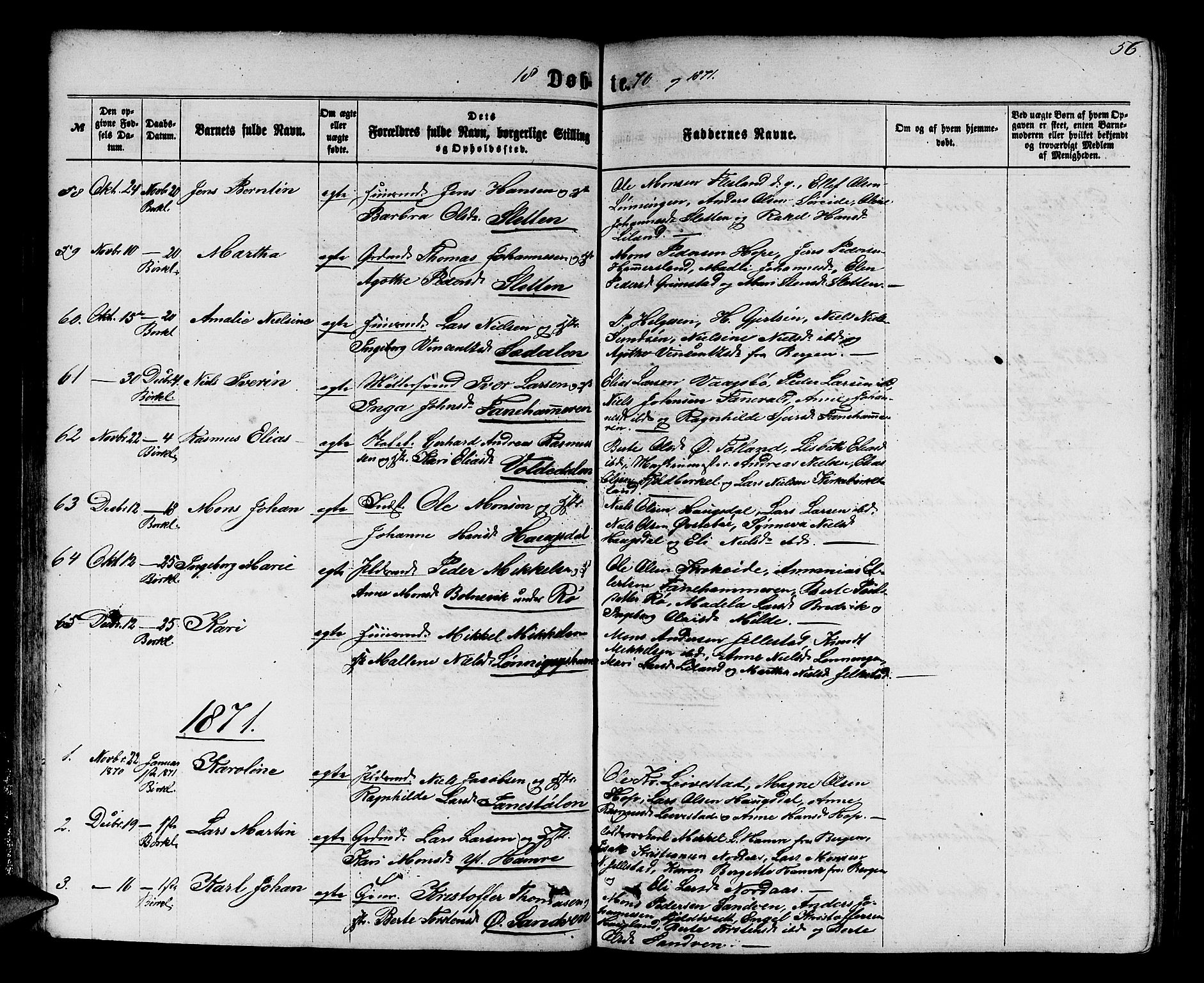 Fana Sokneprestembete, SAB/A-75101/H/Hab/Habb/L0003: Parish register (copy) no. B 3, 1861-1888, p. 56