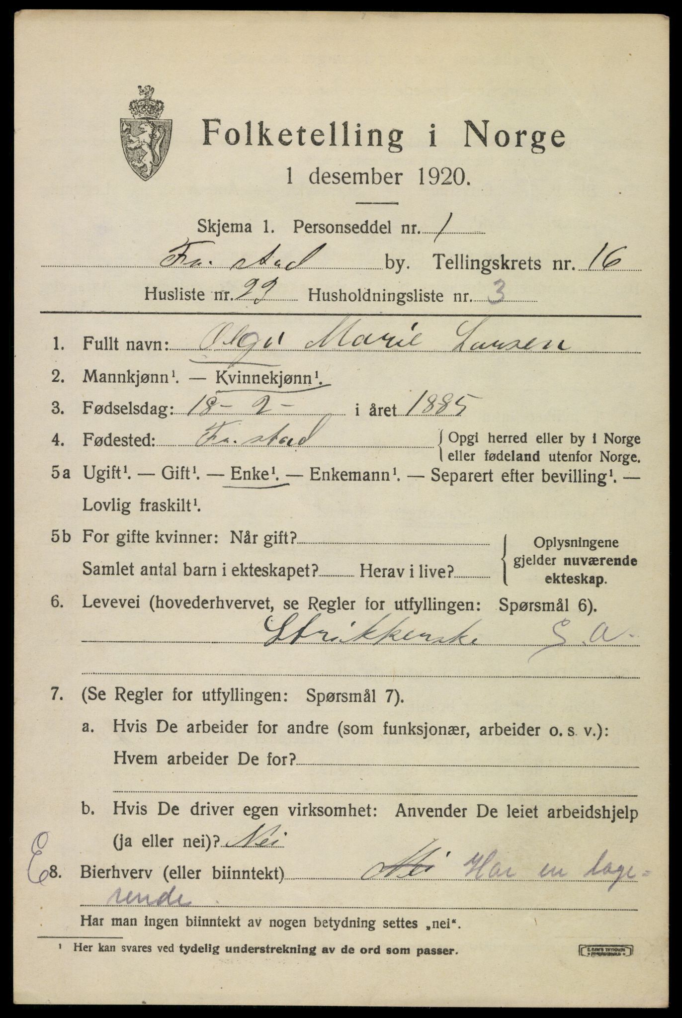 SAO, 1920 census for Fredrikstad, 1920, p. 37445