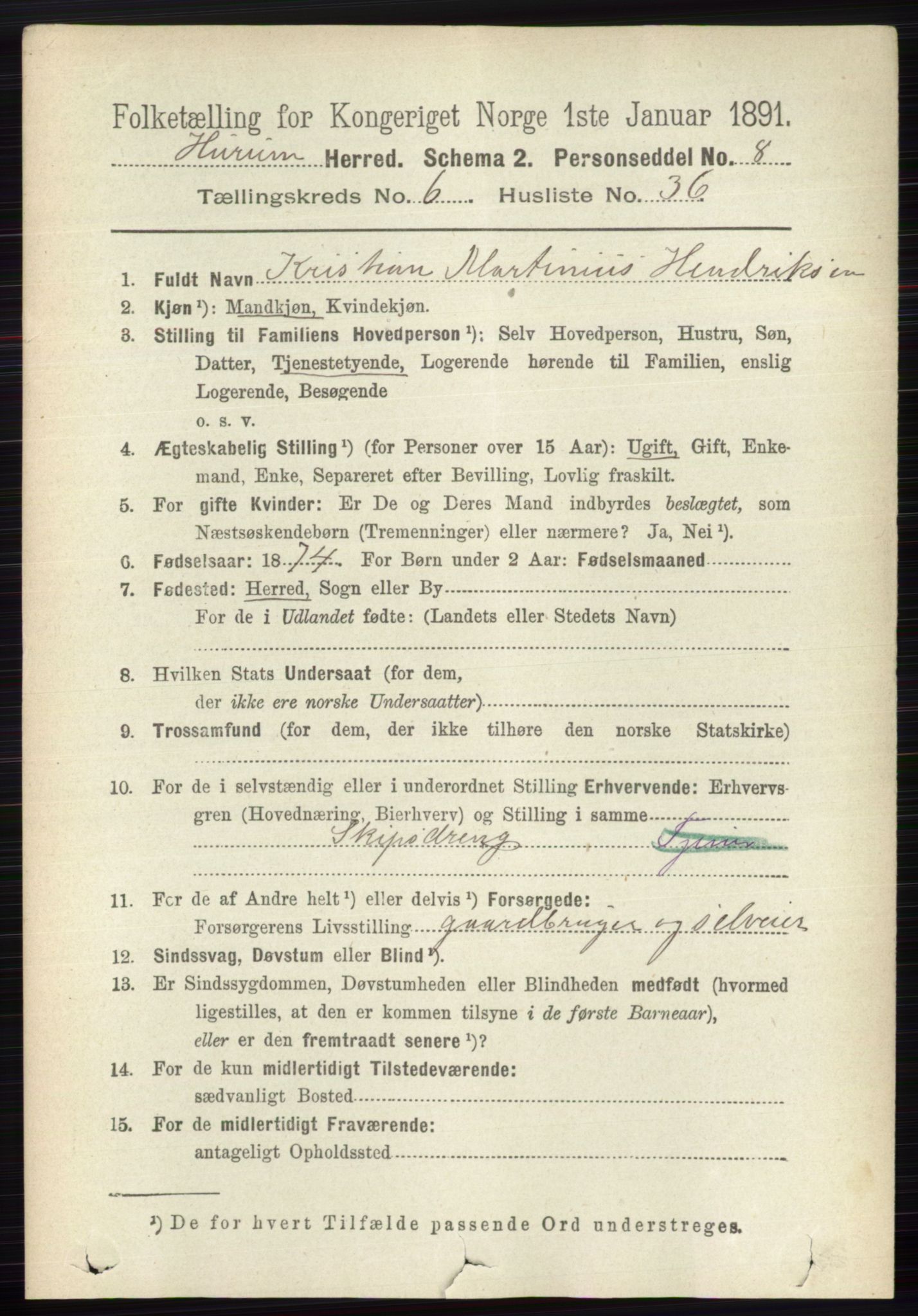 RA, 1891 census for 0628 Hurum, 1891, p. 2205