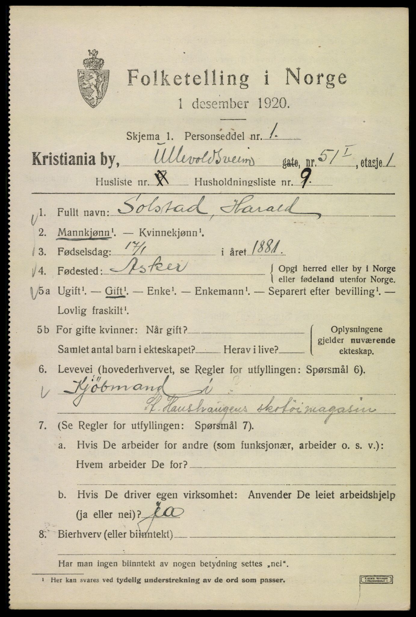 SAO, 1920 census for Kristiania, 1920, p. 614567