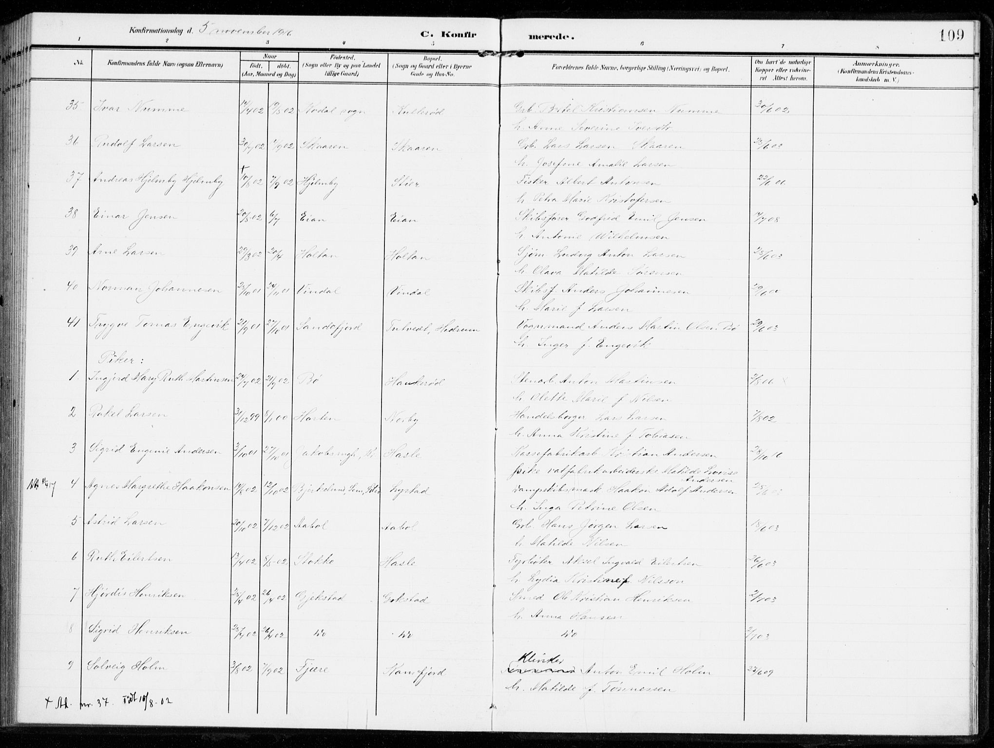 Sandar kirkebøker, AV/SAKO-A-243/F/Fa/L0017: Parish register (official) no. 17, 1907-1917, p. 109