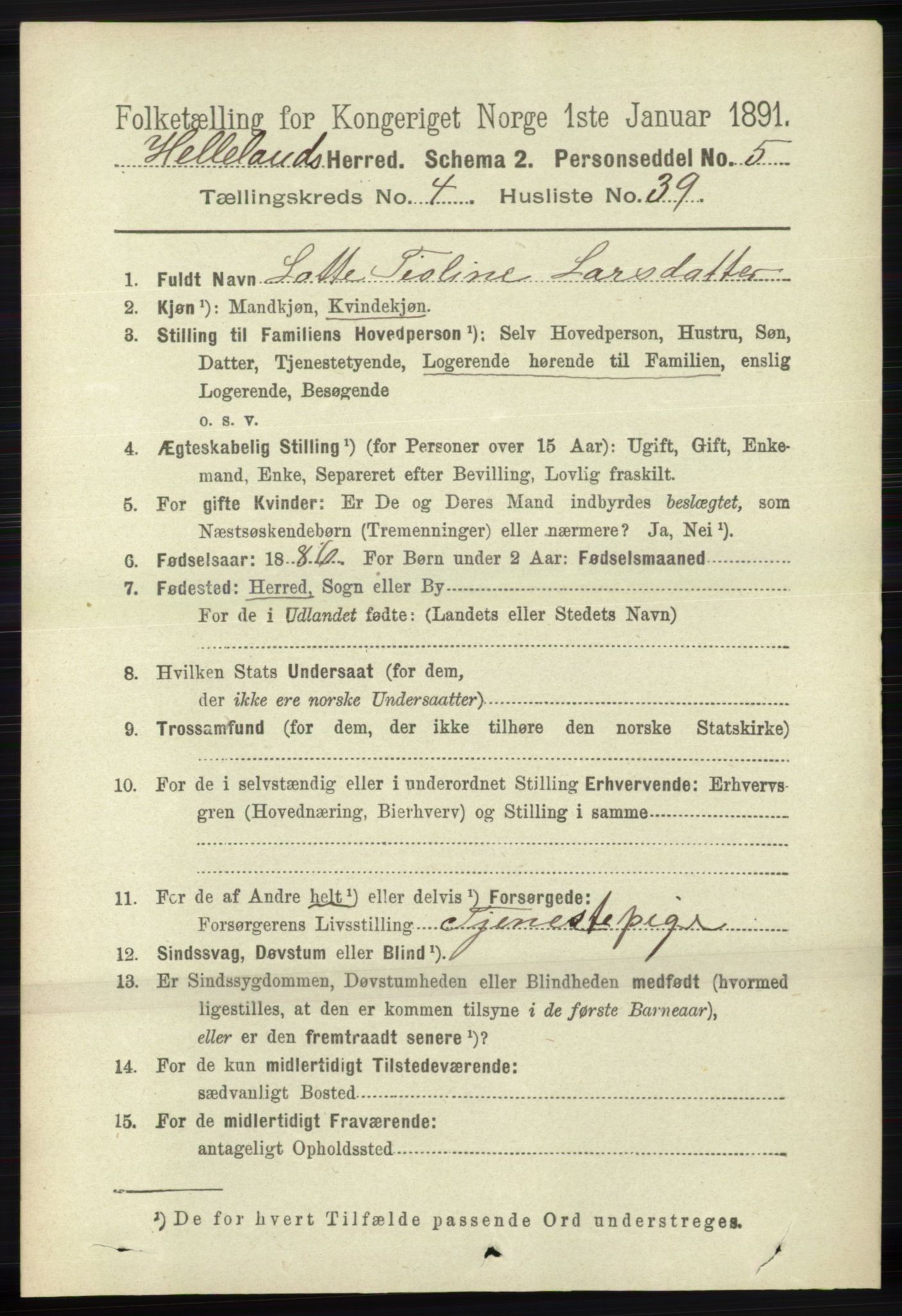 RA, 1891 census for 1115 Helleland, 1891, p. 1413