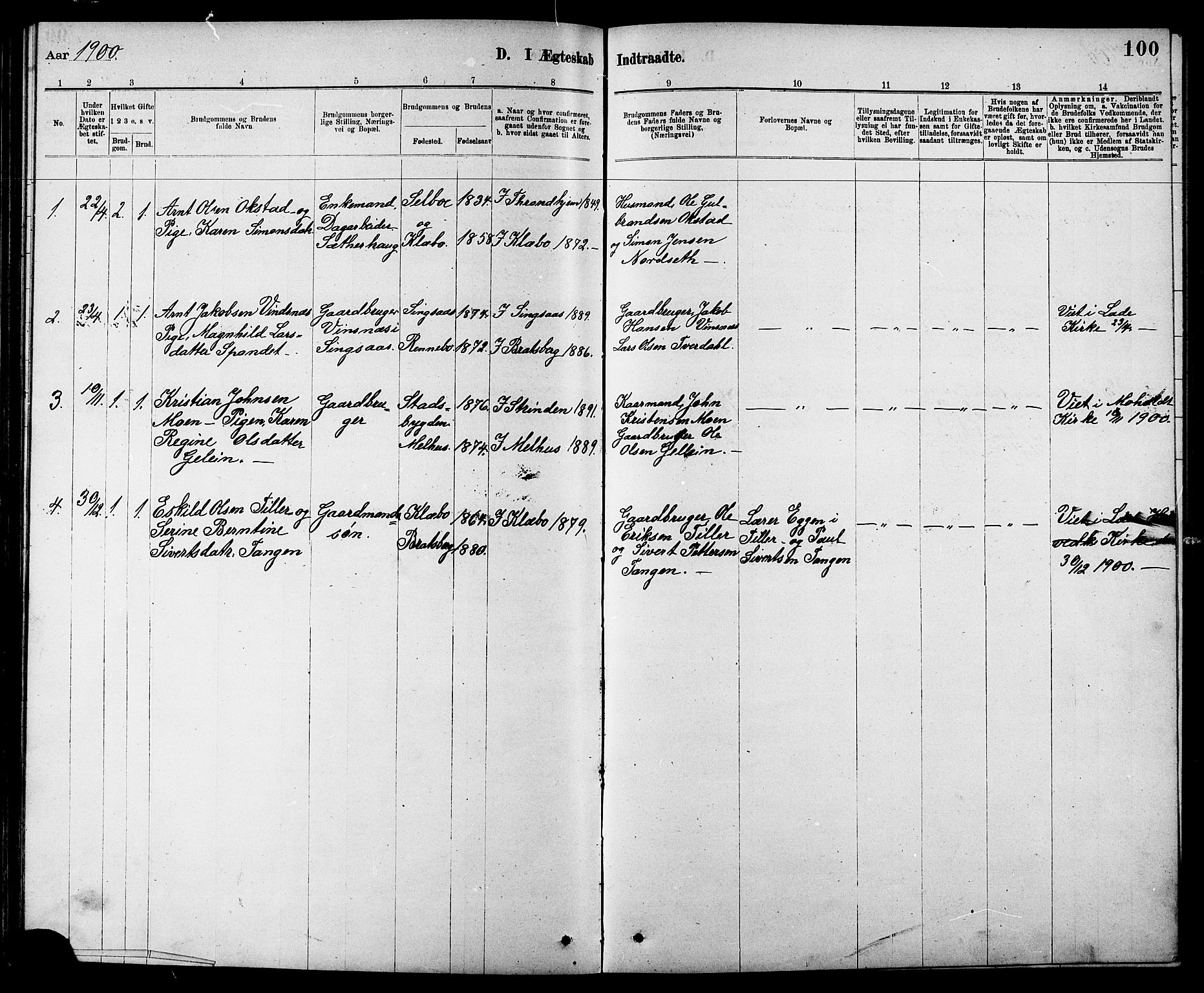 Ministerialprotokoller, klokkerbøker og fødselsregistre - Sør-Trøndelag, AV/SAT-A-1456/608/L0341: Parish register (copy) no. 608C07, 1890-1912, p. 100