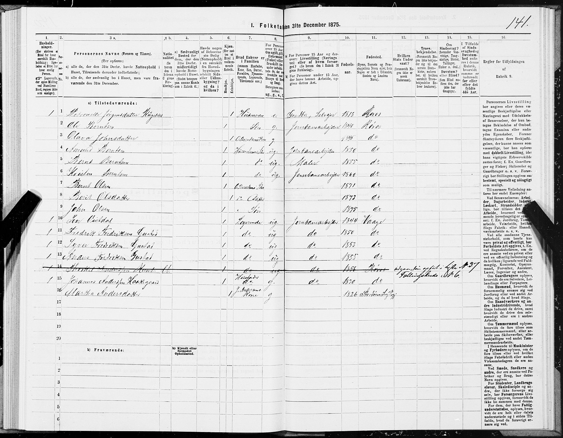 SAT, 1875 census for 1640P Røros, 1875, p. 3141