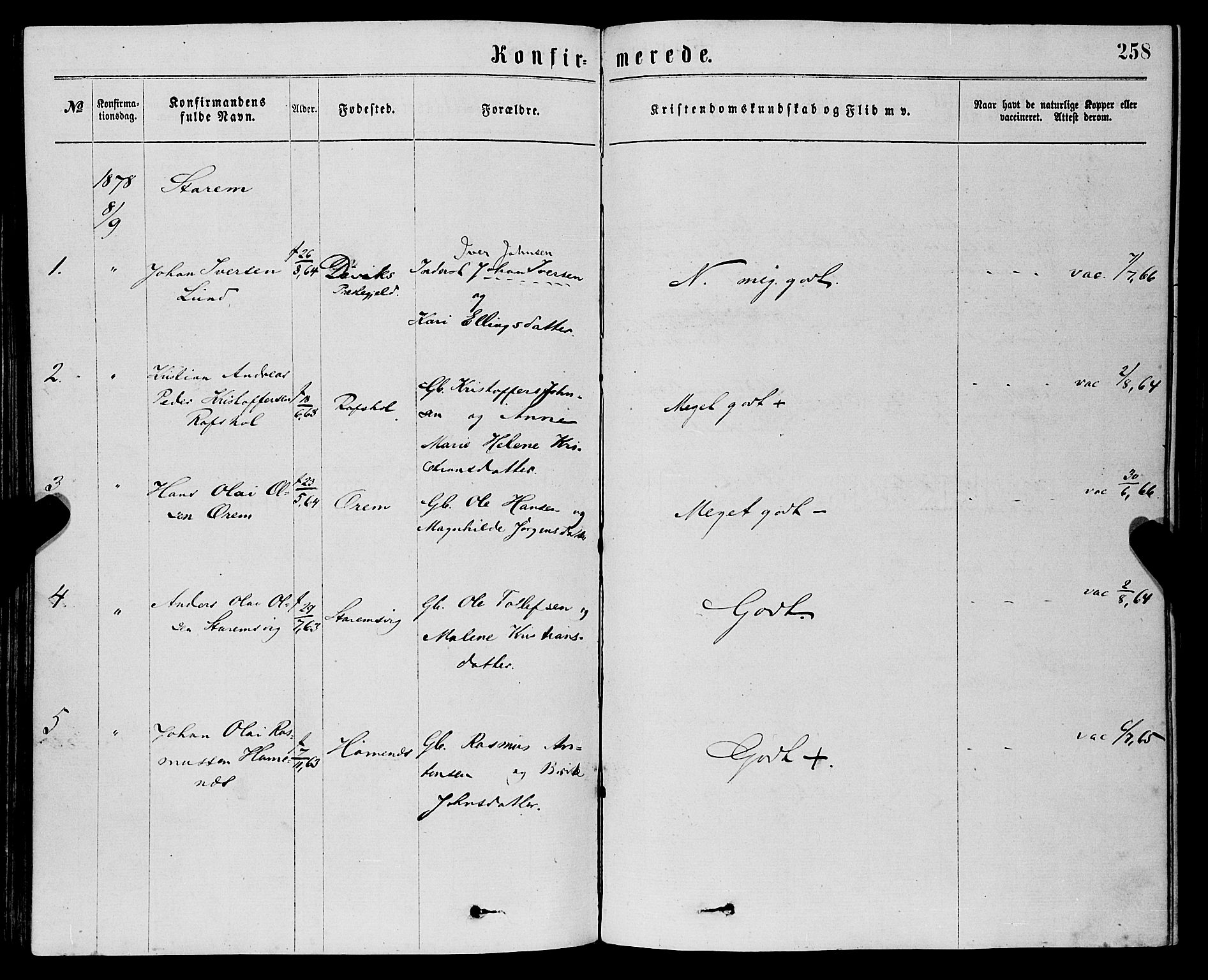 Eid sokneprestembete, SAB/A-82301/H/Haa/Haaa/L0010: Parish register (official) no. A 10, 1867-1878, p. 258