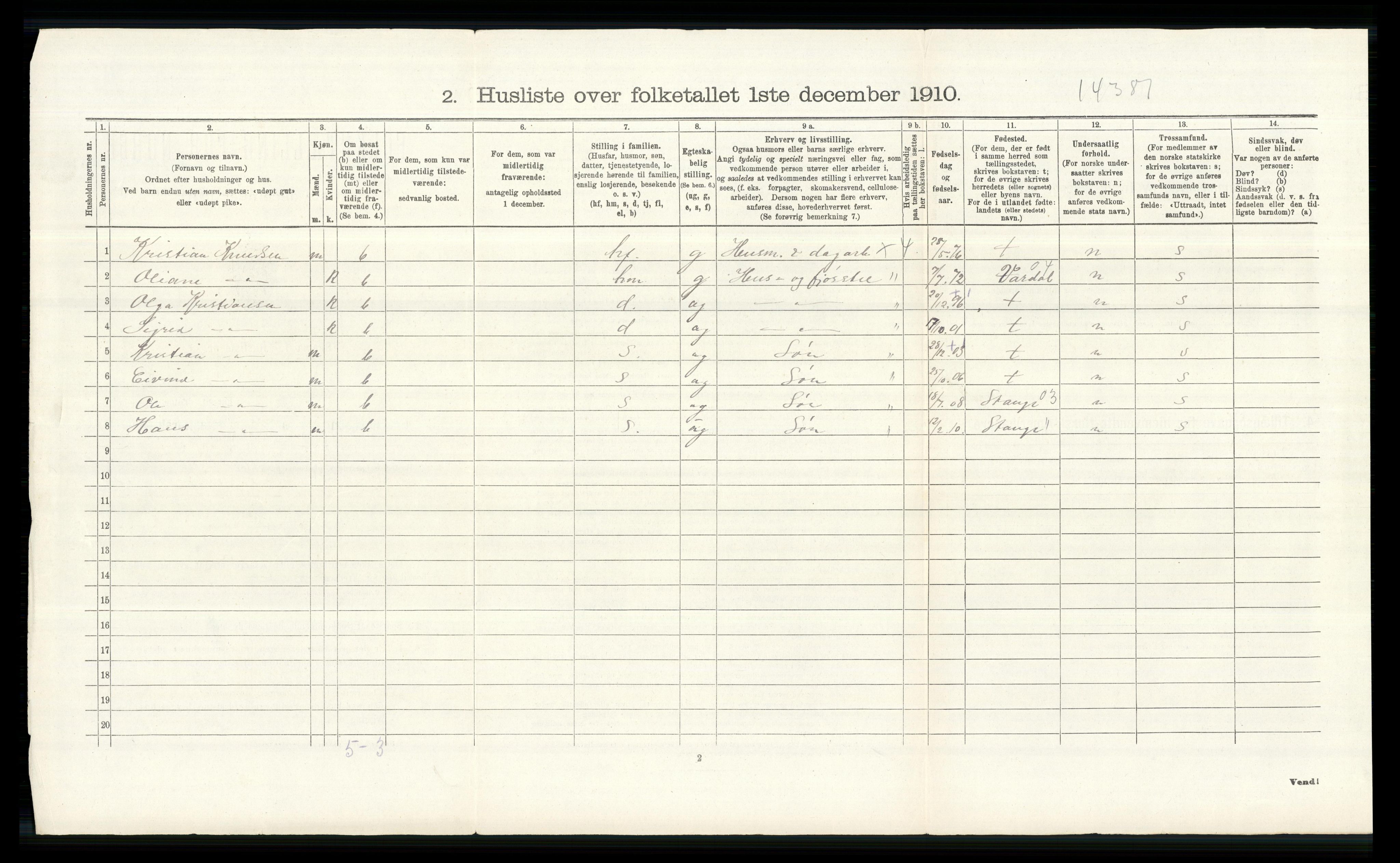 RA, 1910 census for Vang, 1910, p. 1784