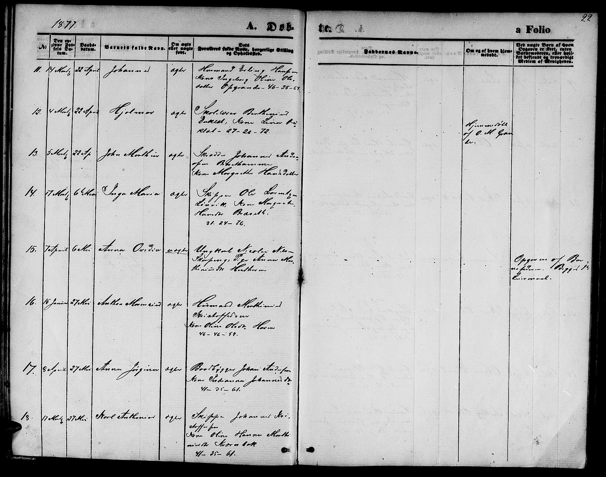 Ministerialprotokoller, klokkerbøker og fødselsregistre - Nord-Trøndelag, AV/SAT-A-1458/733/L0326: Parish register (copy) no. 733C01, 1871-1887, p. 22