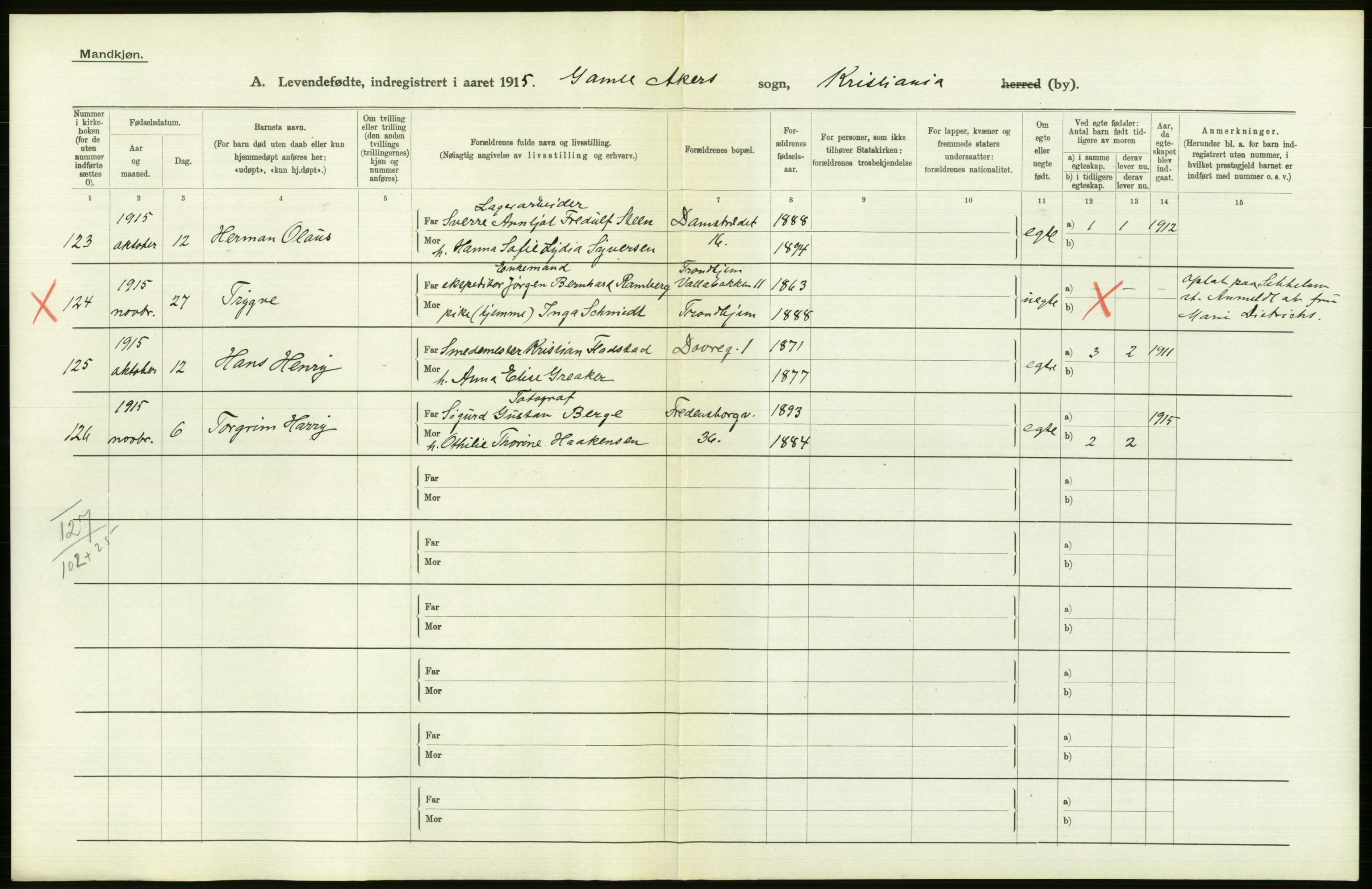 Statistisk sentralbyrå, Sosiodemografiske emner, Befolkning, AV/RA-S-2228/D/Df/Dfb/Dfbe/L0007: Kristiania: Levendefødte menn og kvinner., 1915, p. 312