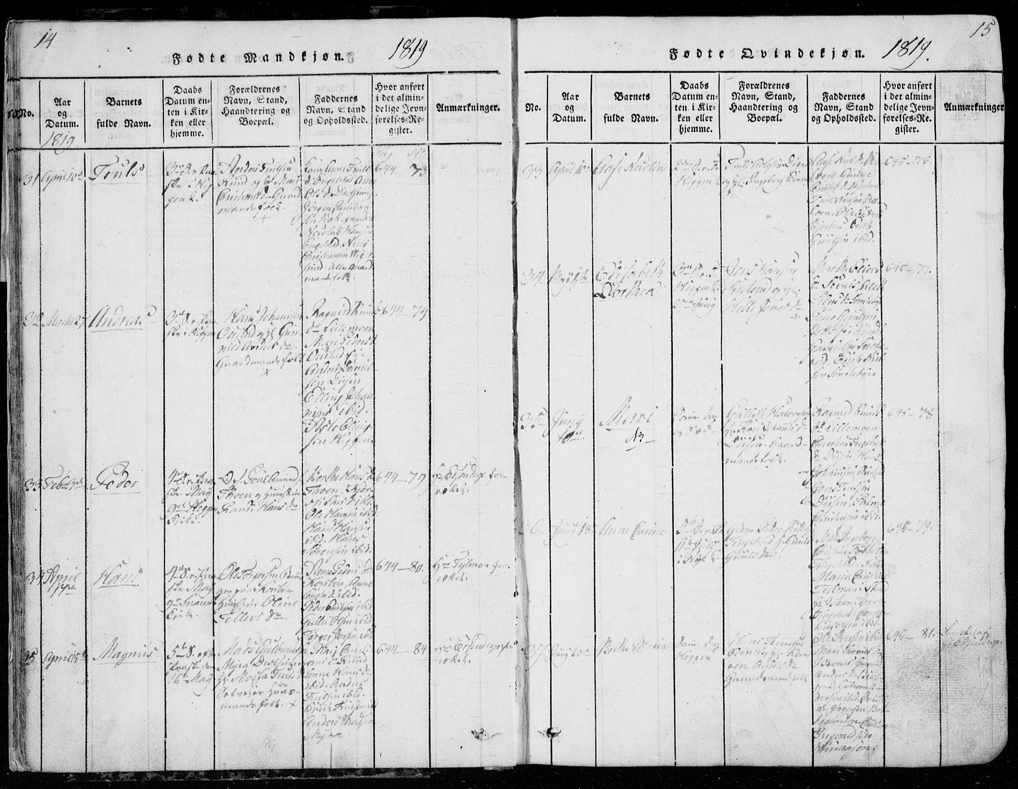 Modum kirkebøker, AV/SAKO-A-234/G/Ga/L0001: Parish register (copy) no. I 1, 1818-1824, p. 14-15