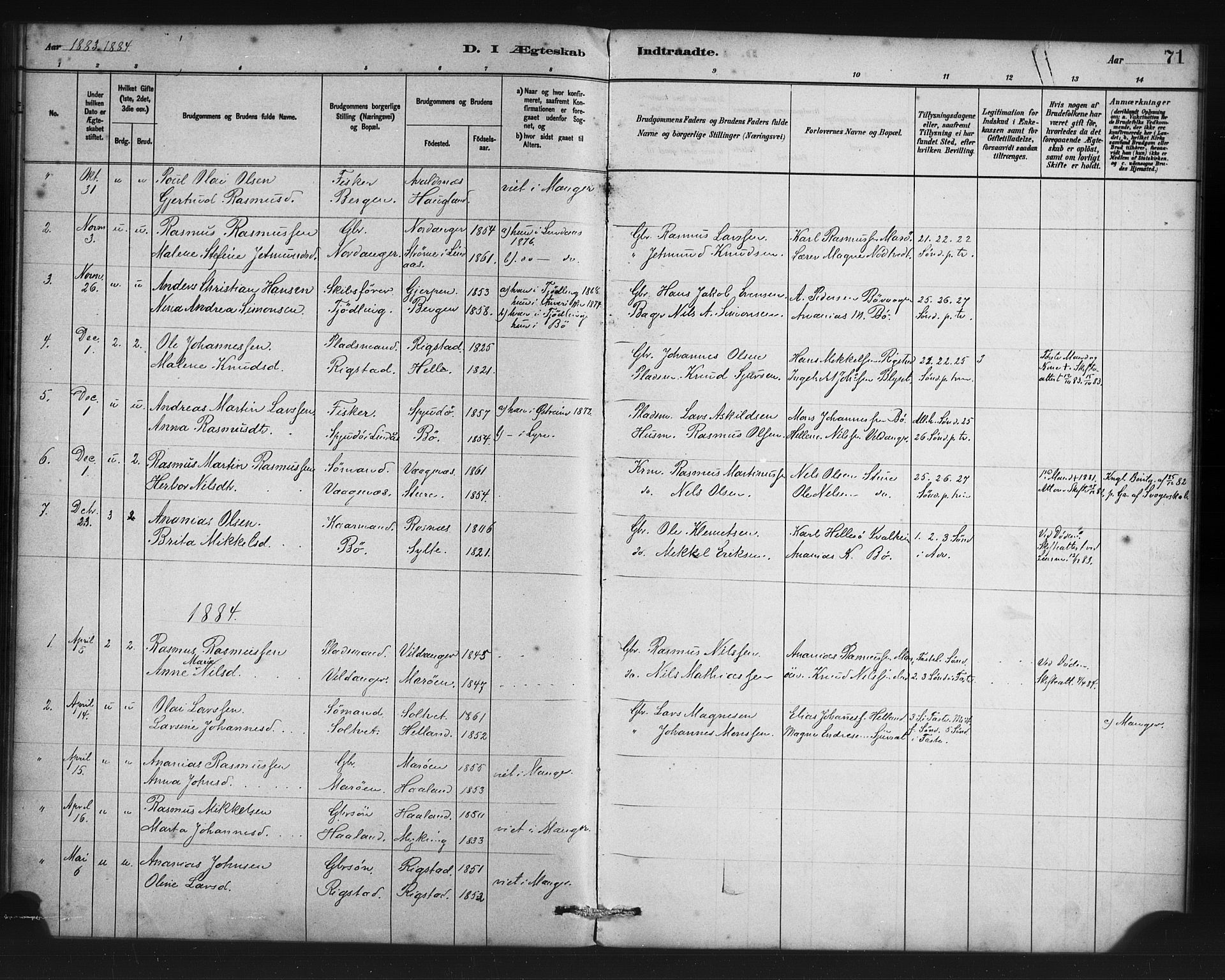 Manger sokneprestembete, AV/SAB-A-76801/H/Haa: Parish register (official) no. C 1, 1881-1890, p. 71