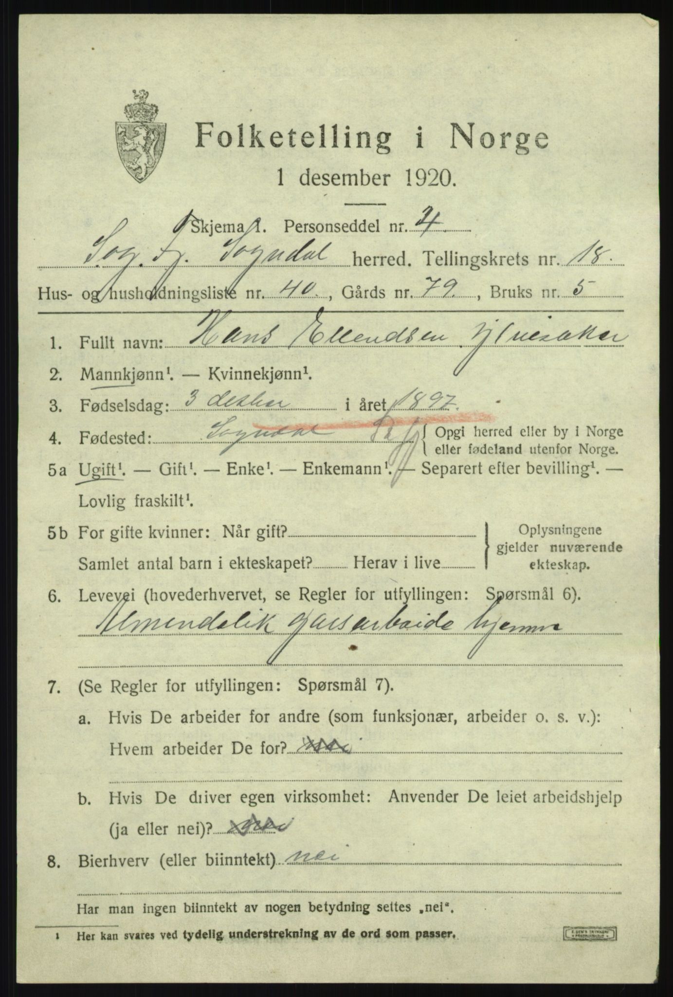 SAB, 1920 census for Sogndal, 1920, p. 7071