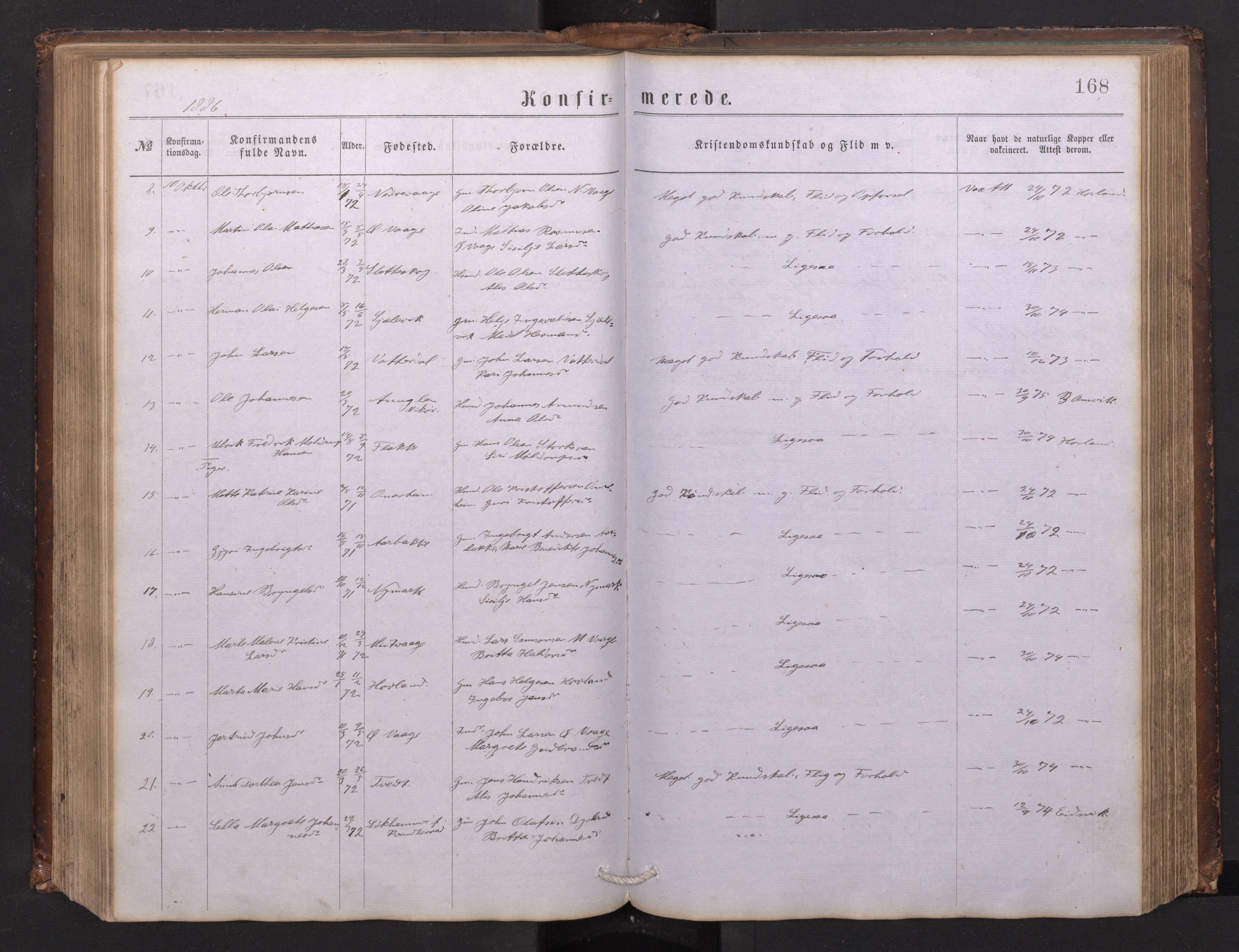 Tysnes sokneprestembete, SAB/A-78601/H/Hab: Parish register (copy) no. C 1, 1873-1895, p. 167b-168a