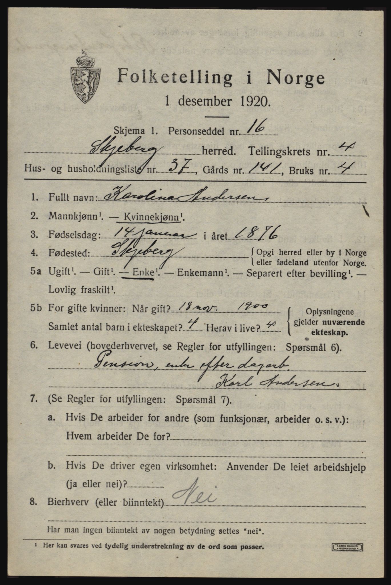 SAO, 1920 census for Skjeberg, 1920, p. 5415