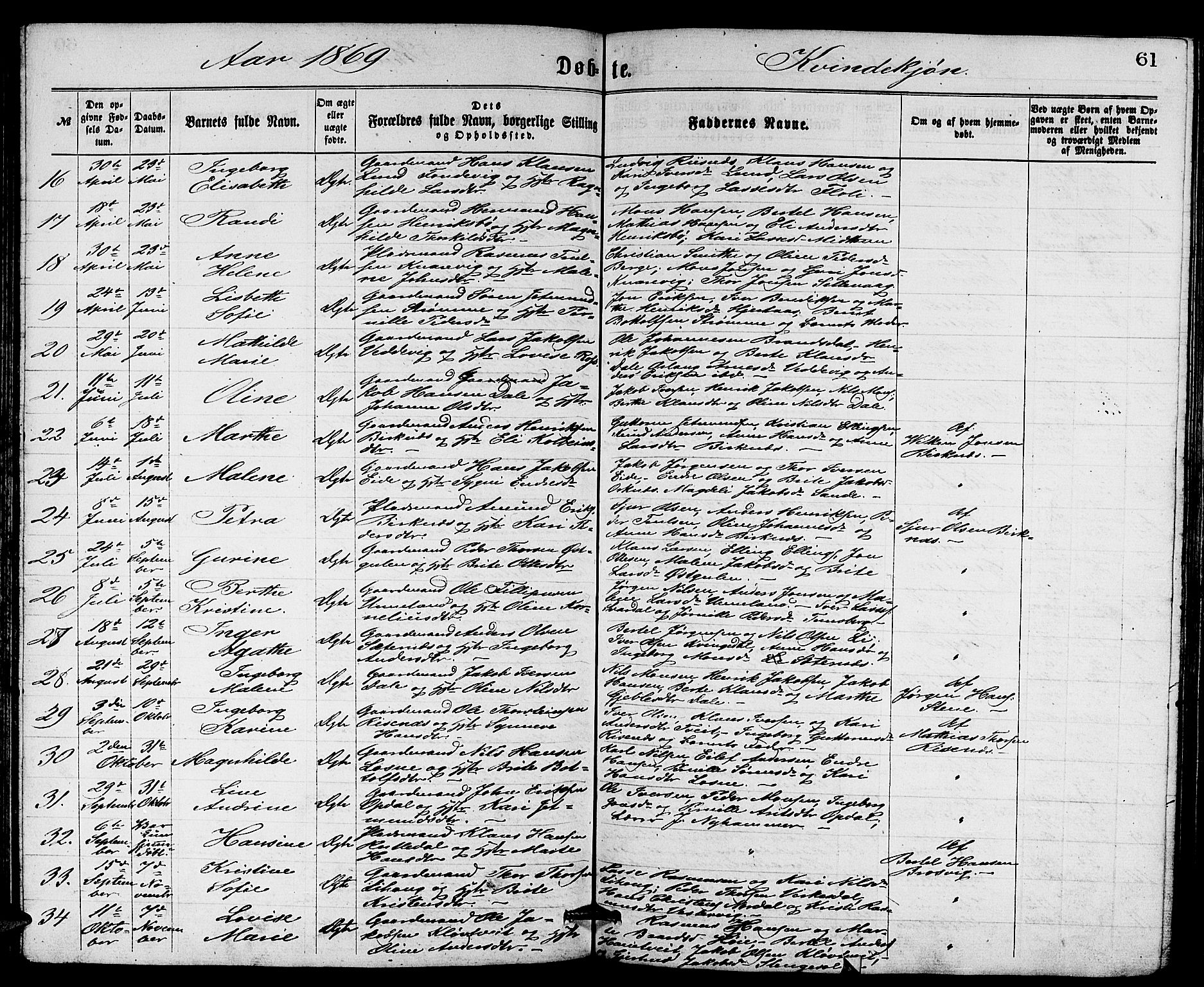 Gulen sokneprestembete, AV/SAB-A-80201/H/Hab/Habb/L0002: Parish register (copy) no. B 2, 1867-1883, p. 61