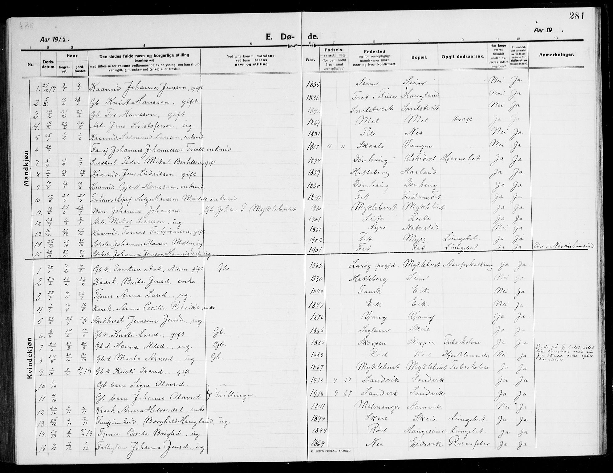 Kvinnherad sokneprestembete, SAB/A-76401/H/Hab: Parish register (copy) no. A 3, 1911-1945, p. 281