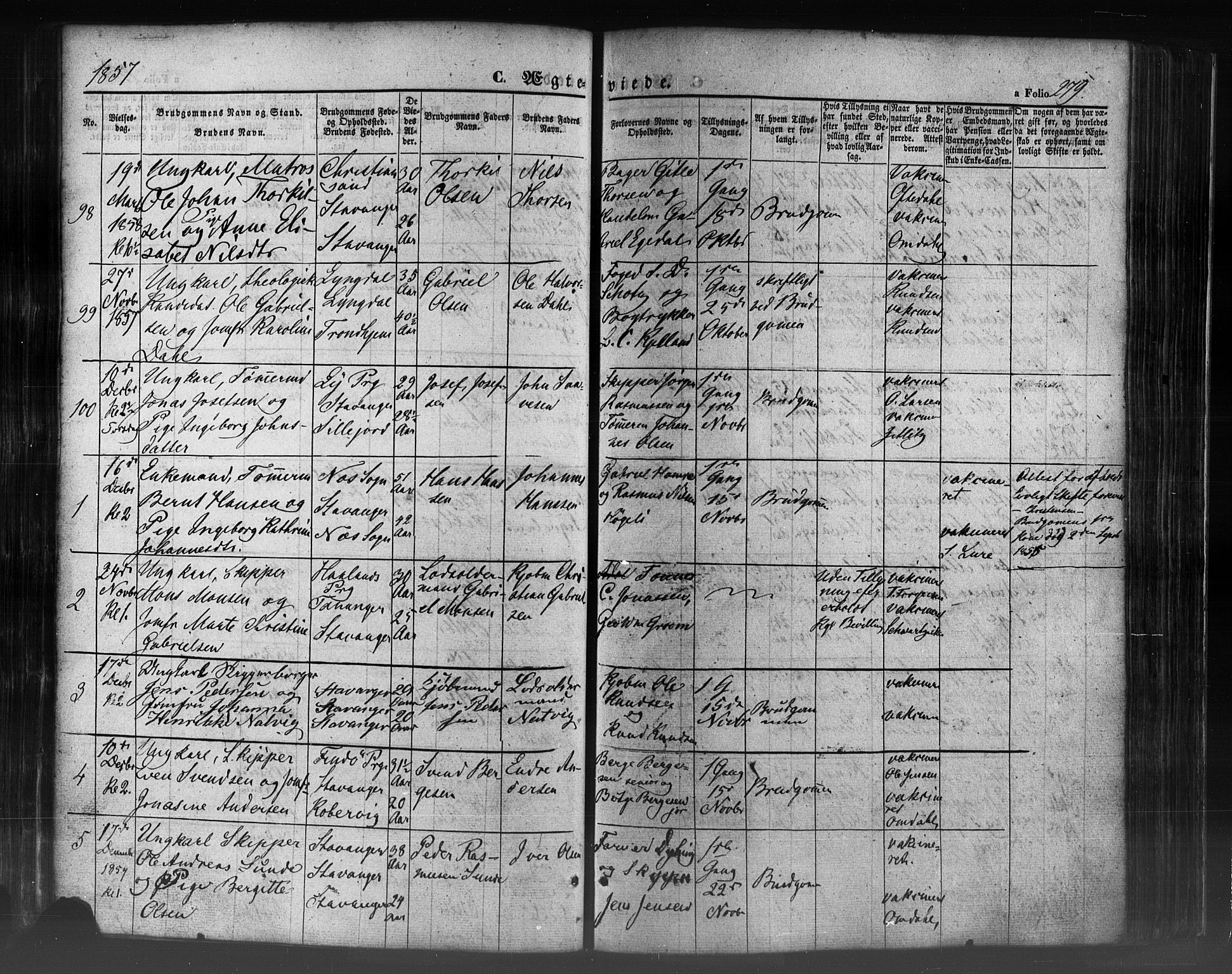 Domkirken sokneprestkontor, SAST/A-101812/001/30/30BB/L0009: Parish register (copy) no. B 9, 1850-1858, p. 279