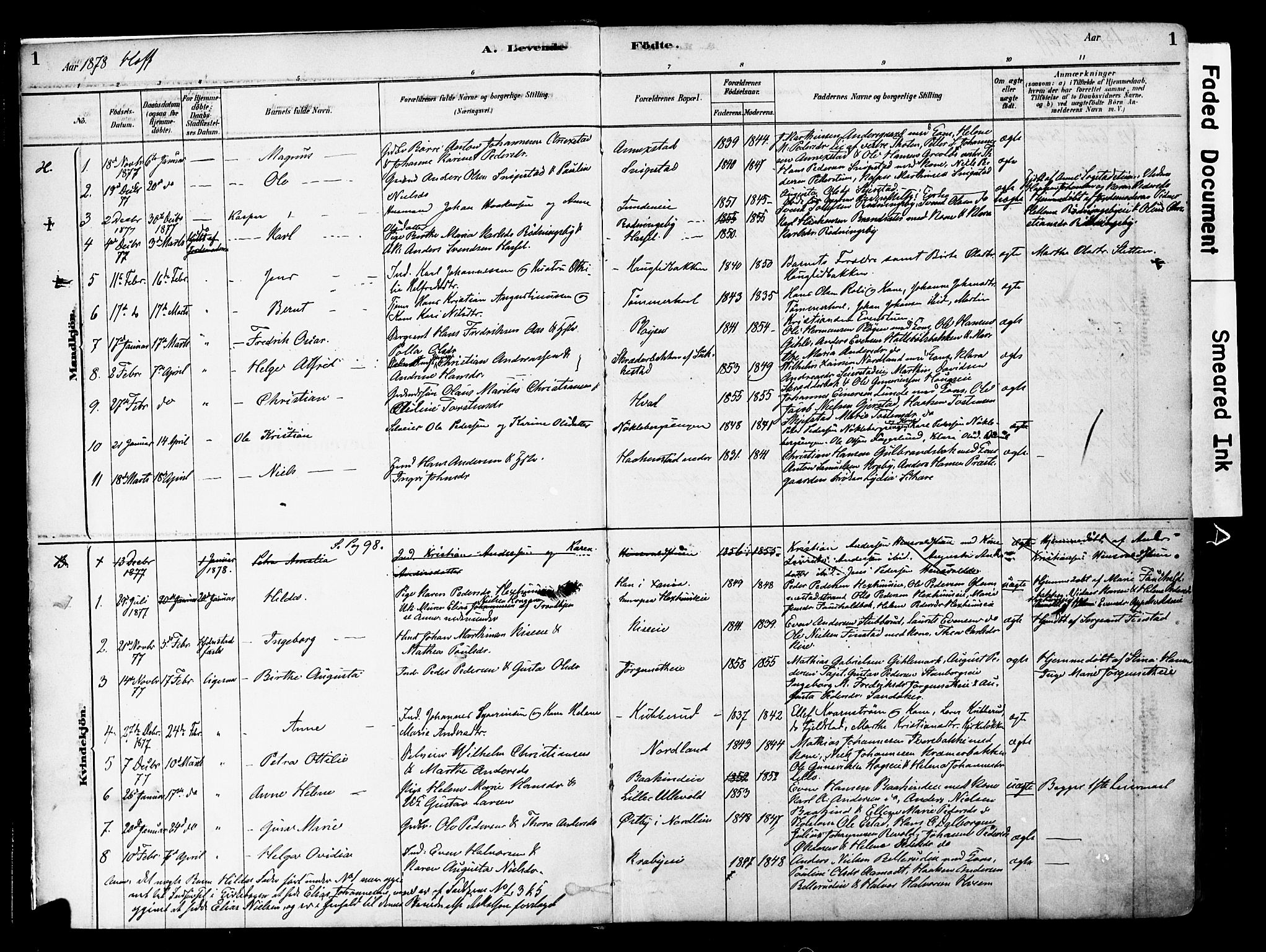 Østre Toten prestekontor, SAH/PREST-104/H/Ha/Haa/L0006: Parish register (official) no. 6 /1, 1878-1896, p. 1