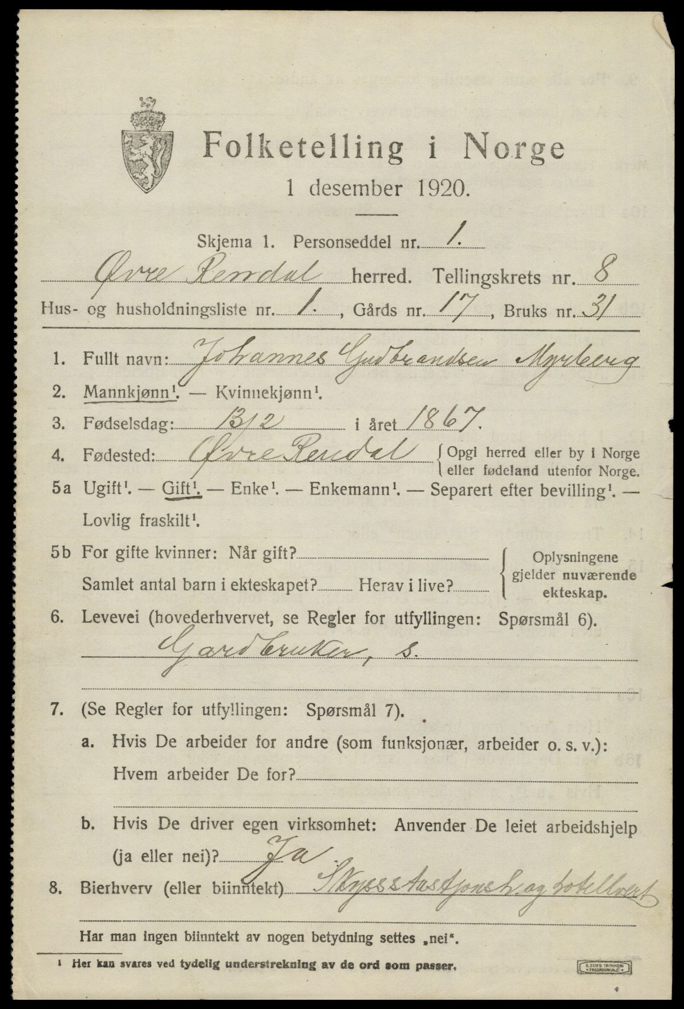 SAH, 1920 census for Øvre Rendal, 1920, p. 2831