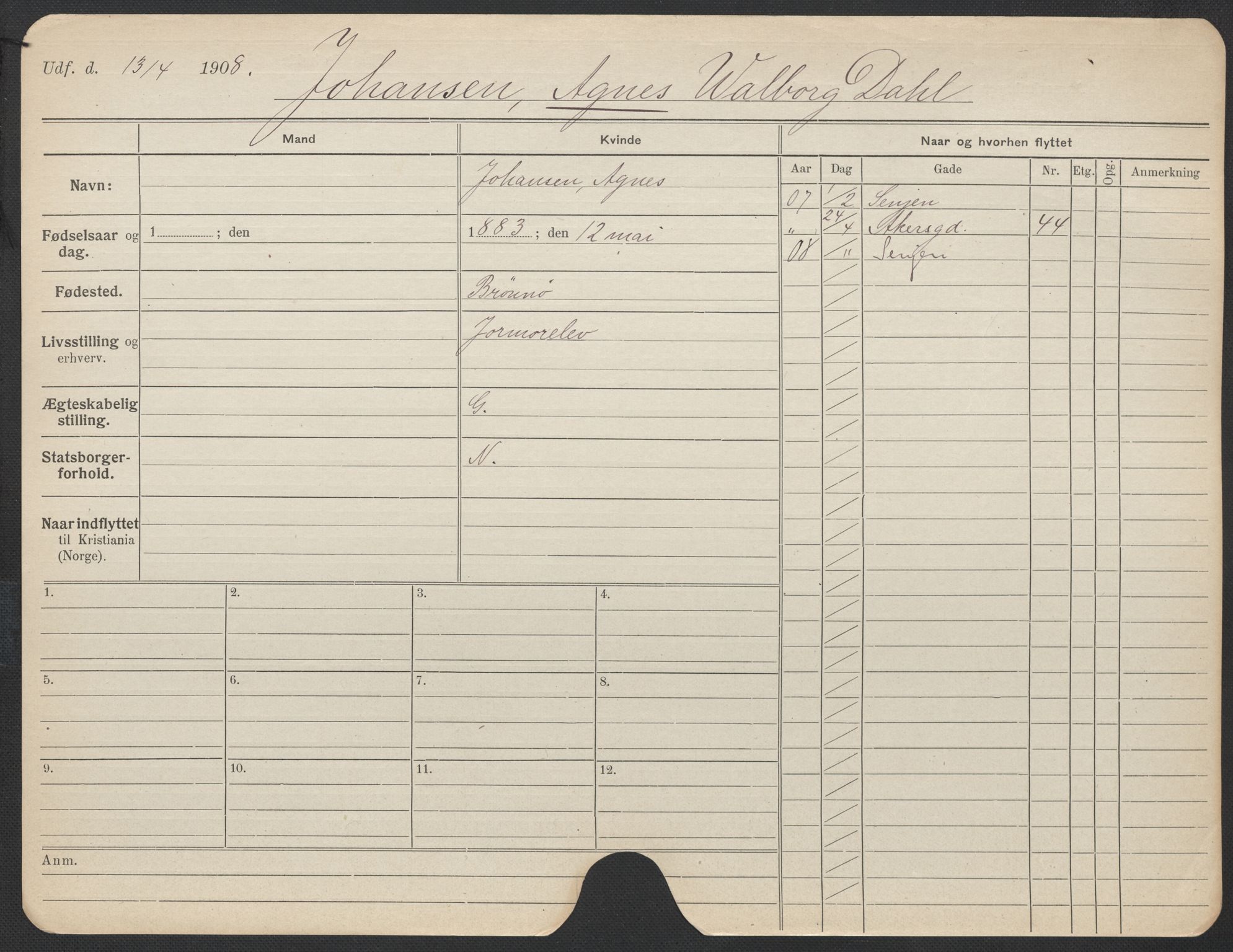 Oslo folkeregister, Registerkort, AV/SAO-A-11715/F/Fa/Fac/L0017: Kvinner, 1906-1914, p. 575a