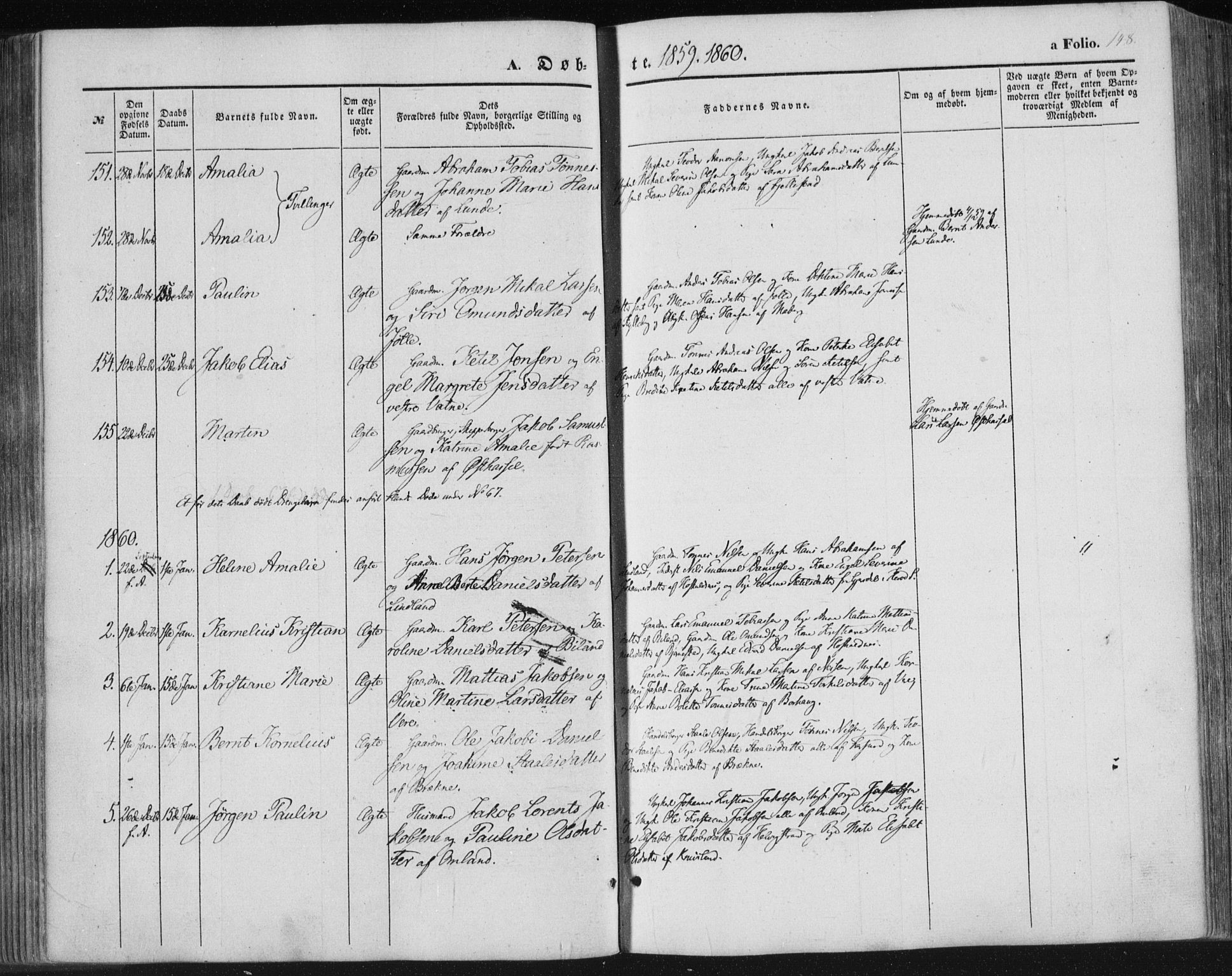 Lista sokneprestkontor, SAK/1111-0027/F/Fa/L0010: Parish register (official) no. A 10, 1846-1861, p. 148