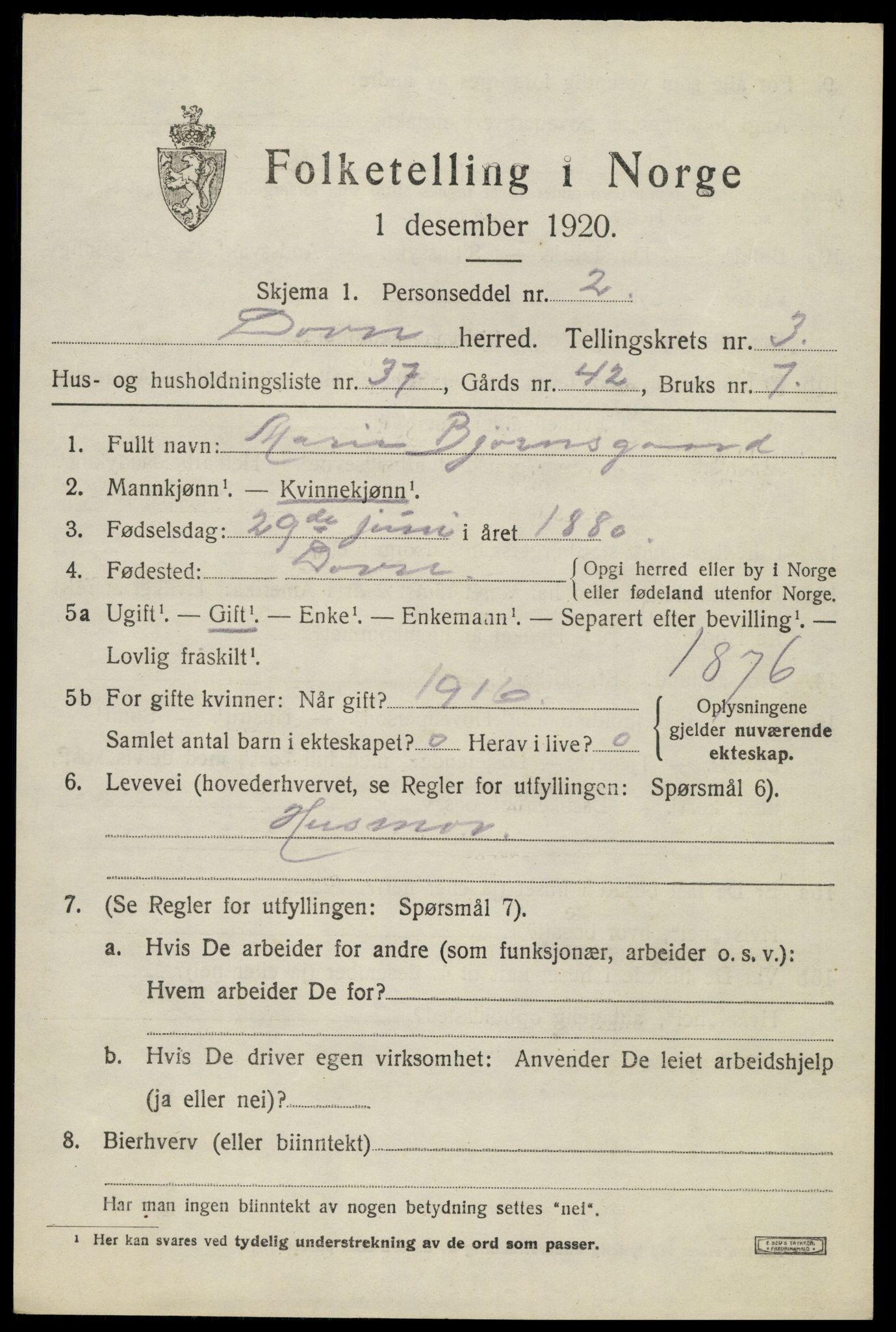 SAH, 1920 census for Dovre, 1920, p. 3996