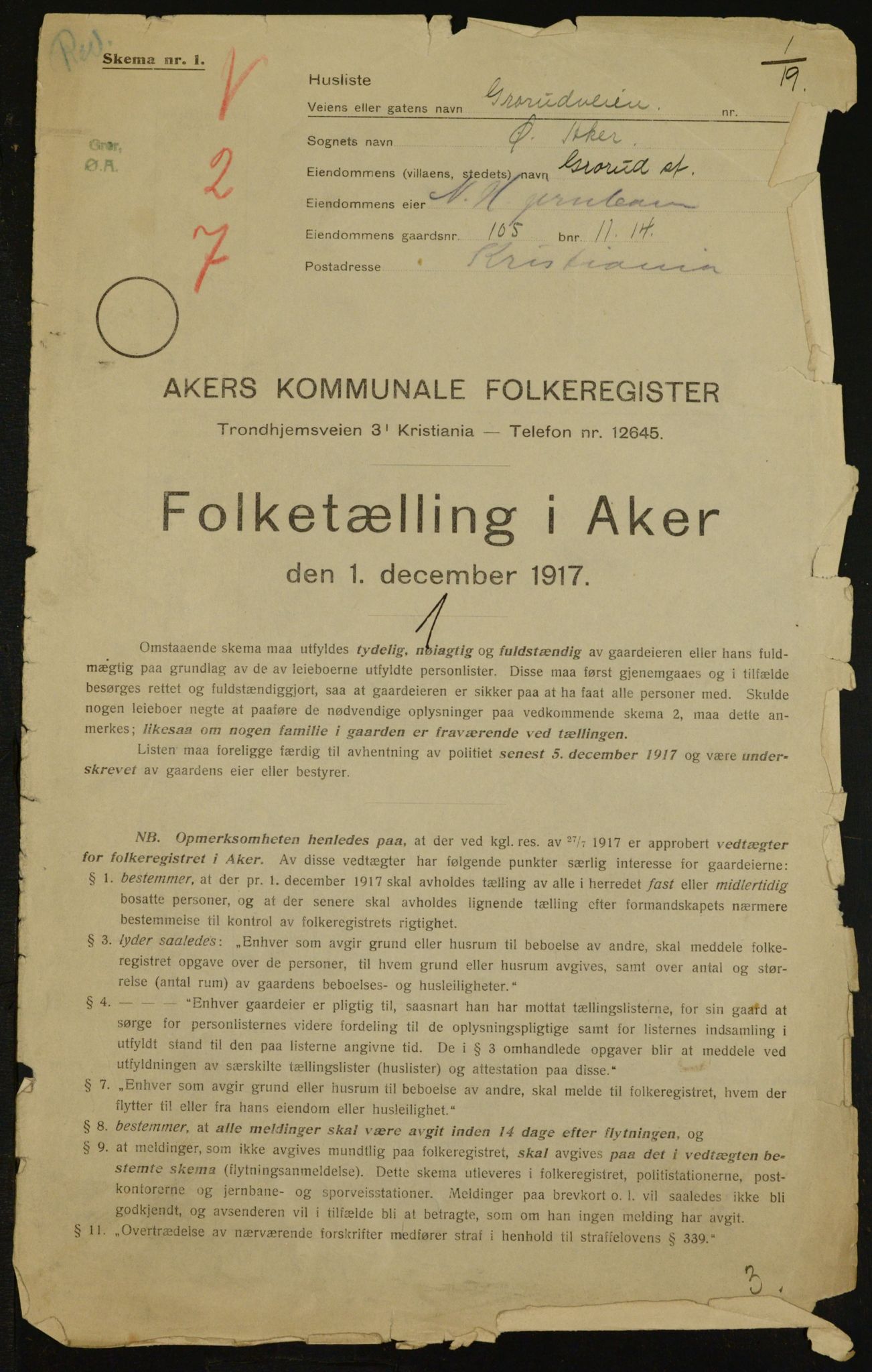 OBA, Municipal Census 1917 for Aker, 1917, p. 29529