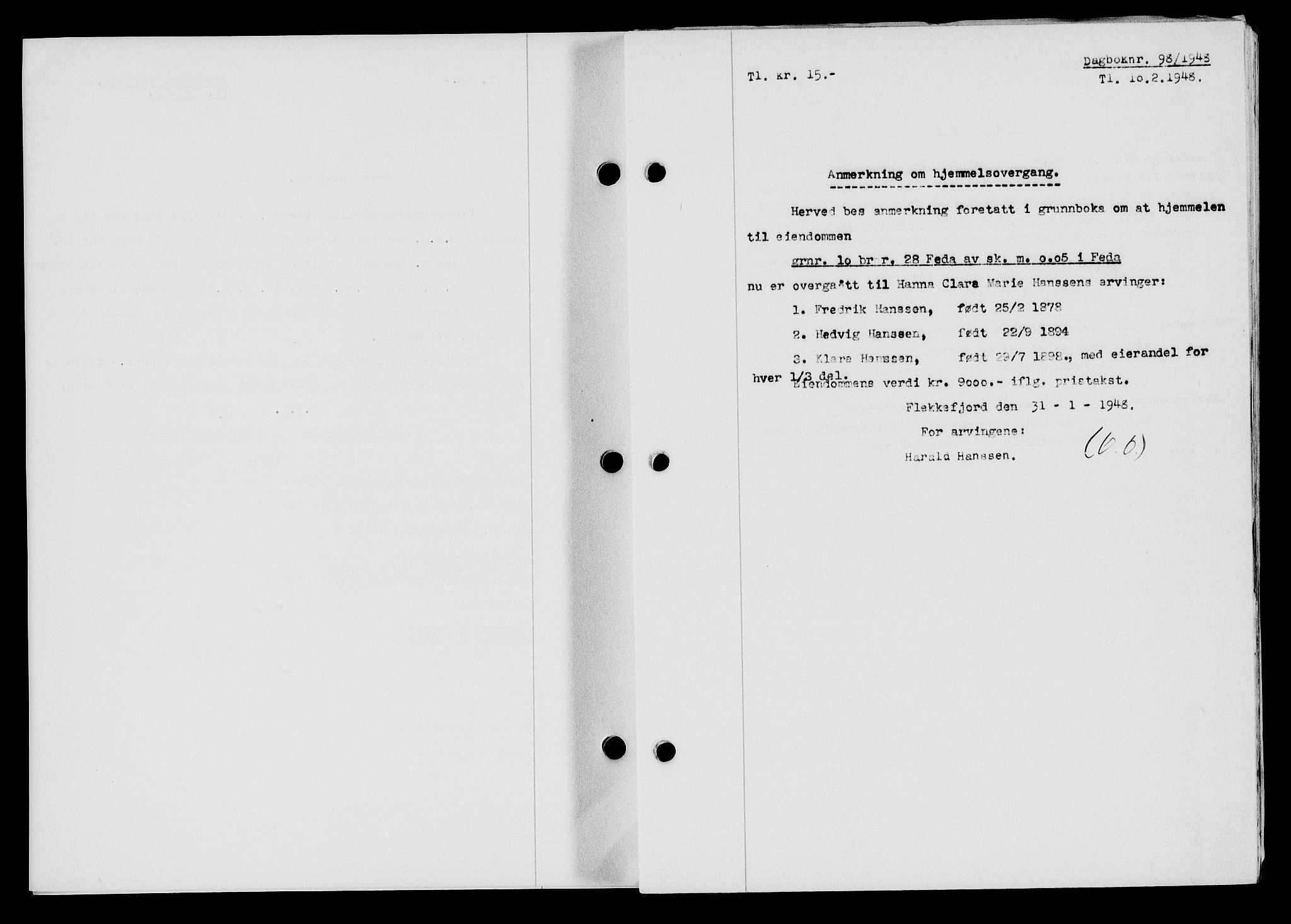 Flekkefjord sorenskriveri, SAK/1221-0001/G/Gb/Gba/L0063: Mortgage book no. A-11, 1947-1948, Diary no: : 98/1948