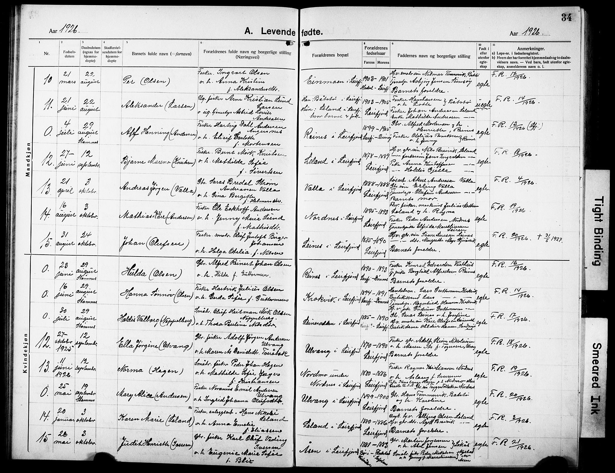 Ministerialprotokoller, klokkerbøker og fødselsregistre - Nordland, AV/SAT-A-1459/832/L0495: Parish register (copy) no. 832C02, 1920-1932, p. 34