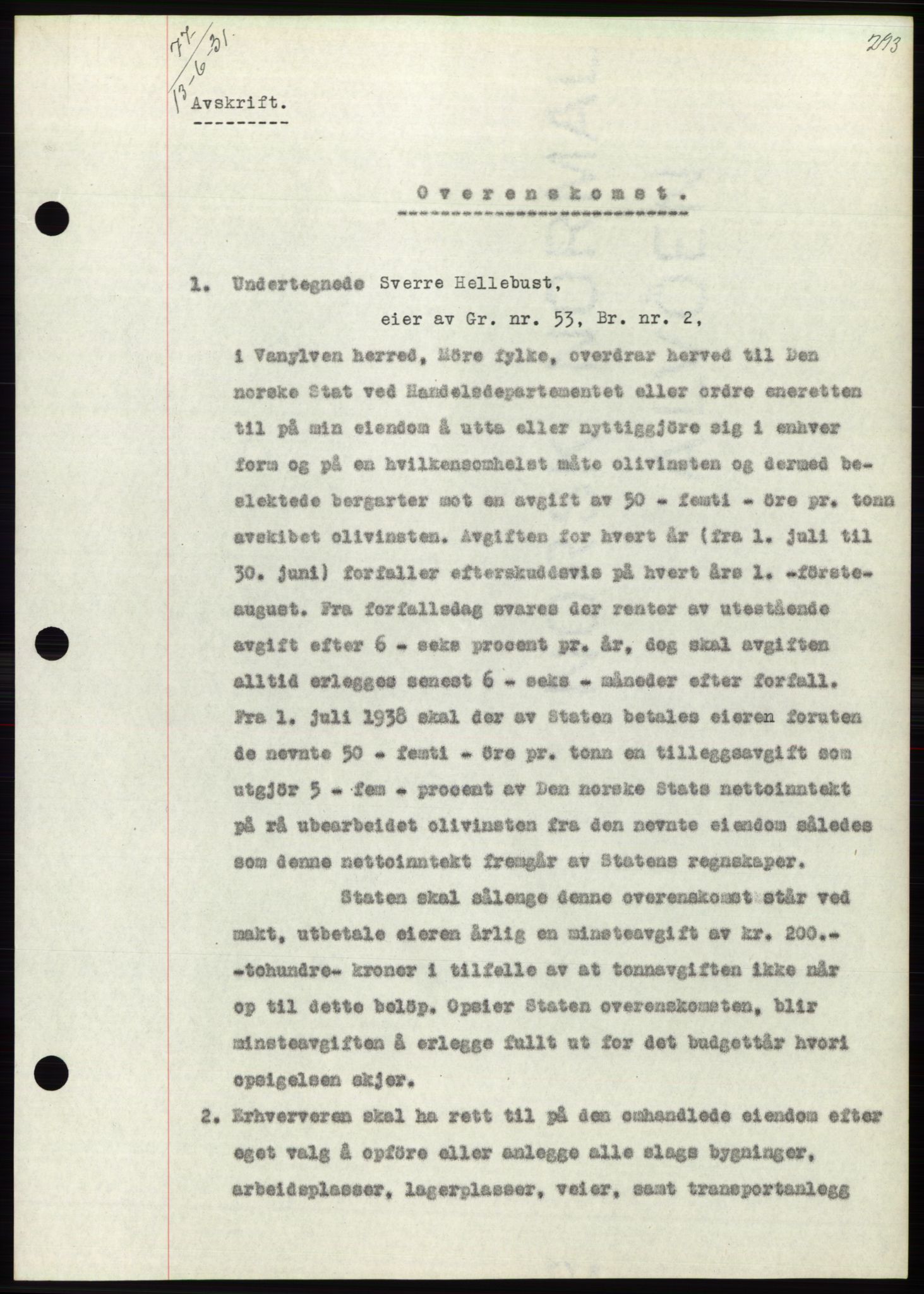 Søre Sunnmøre sorenskriveri, AV/SAT-A-4122/1/2/2C/L0052: Mortgage book no. 46, 1931-1931, Deed date: 13.06.1931