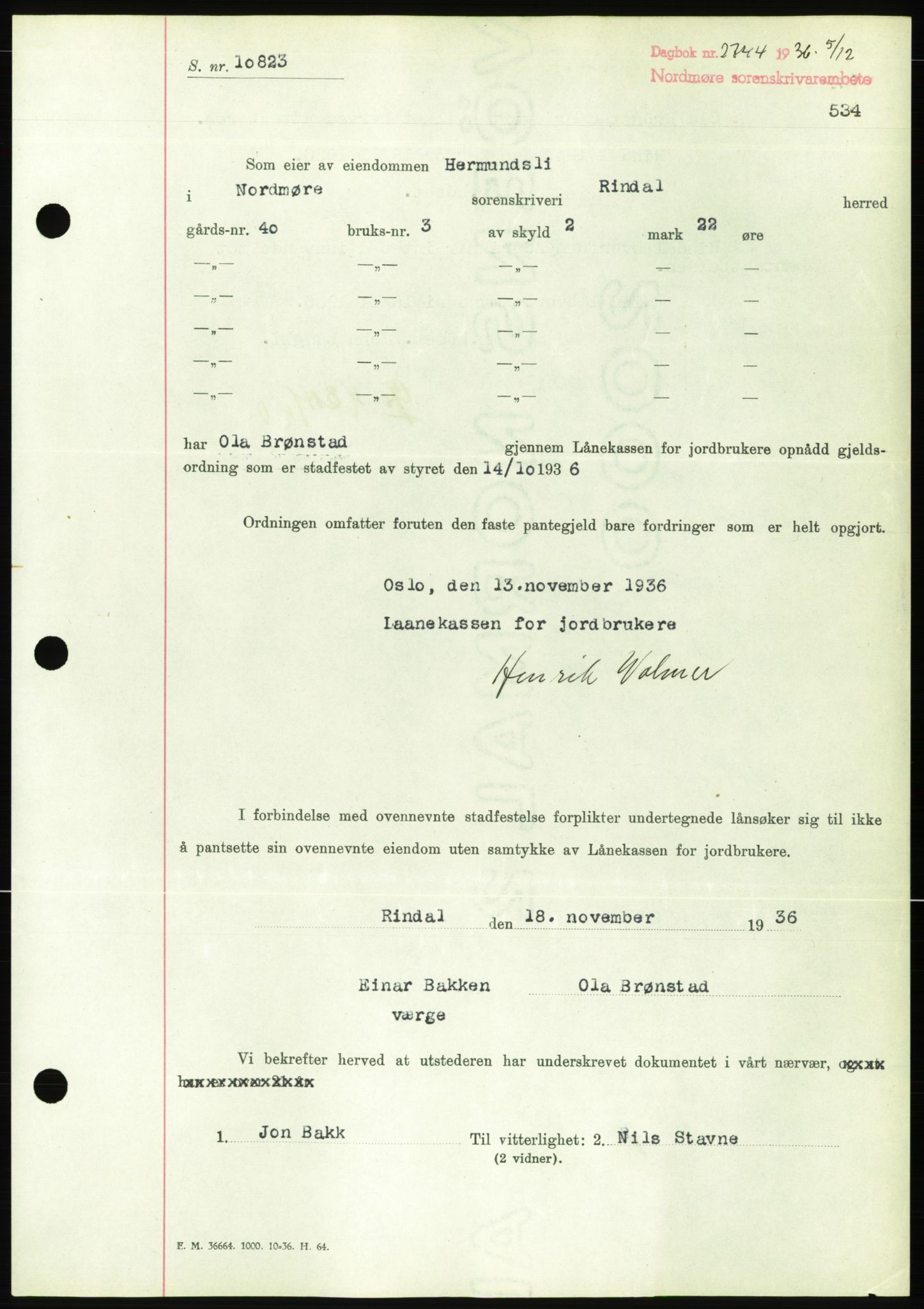 Nordmøre sorenskriveri, AV/SAT-A-4132/1/2/2Ca/L0090: Mortgage book no. B80, 1936-1937, Diary no: : 2744/1936