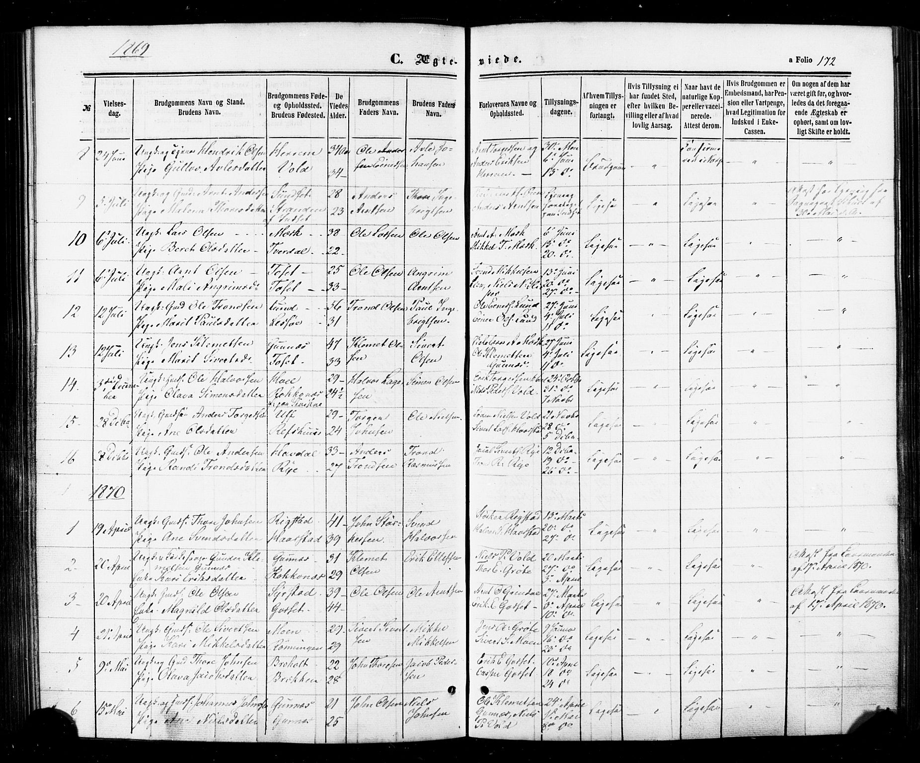 Ministerialprotokoller, klokkerbøker og fødselsregistre - Sør-Trøndelag, SAT/A-1456/674/L0870: Parish register (official) no. 674A02, 1861-1879, p. 172