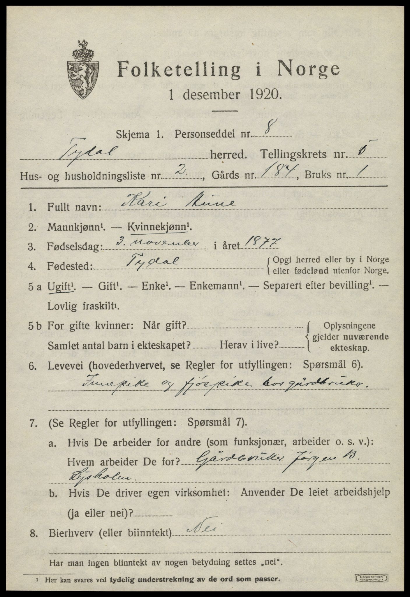 SAT, 1920 census for Tydal, 1920, p. 1737