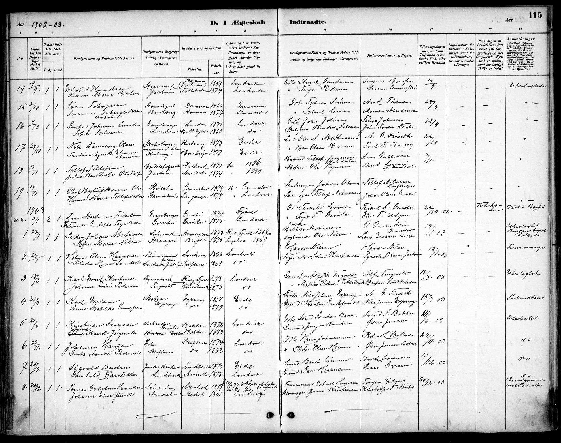 Hommedal sokneprestkontor, AV/SAK-1111-0023/F/Fb/Fbb/L0007: Parish register (copy) no. B 7, 1885-1904, p. 115