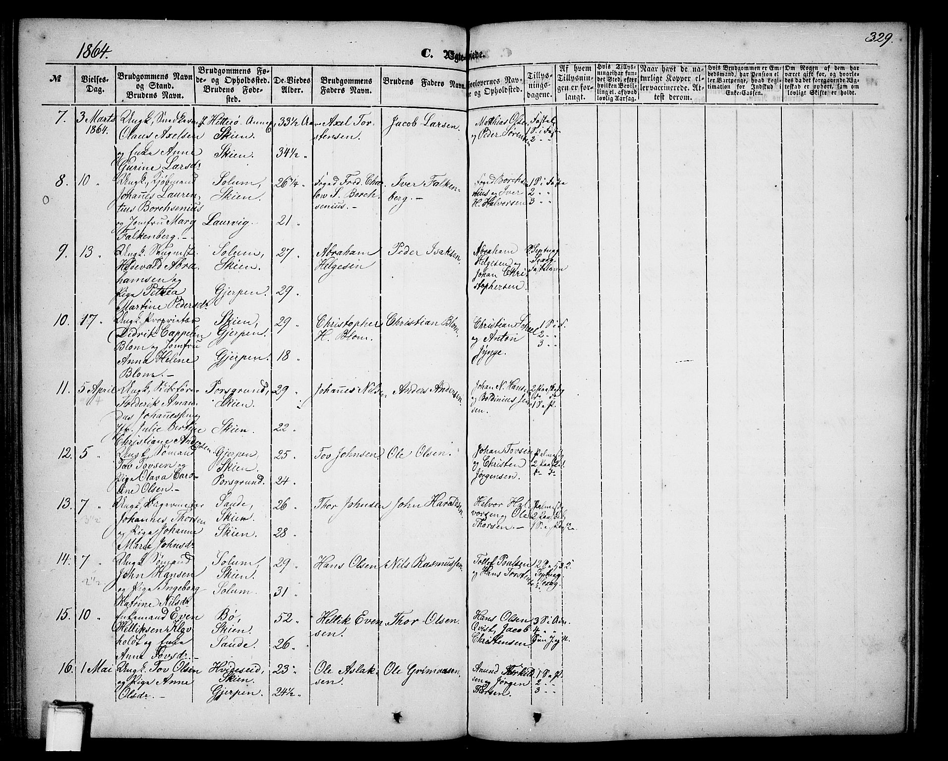 Skien kirkebøker, SAKO/A-302/G/Ga/L0004: Parish register (copy) no. 4, 1843-1867, p. 329