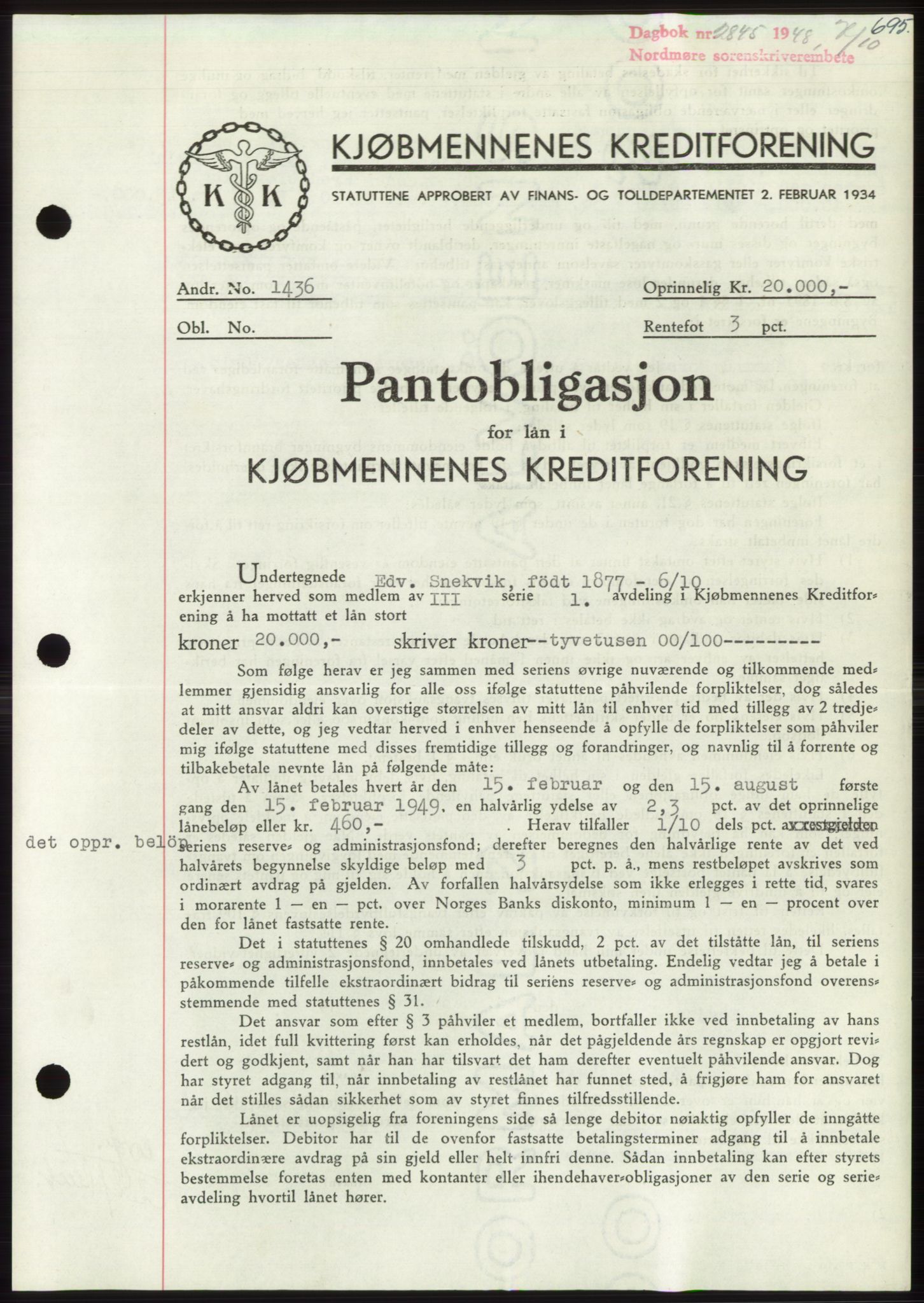 Nordmøre sorenskriveri, AV/SAT-A-4132/1/2/2Ca: Mortgage book no. B99, 1948-1948, Diary no: : 2845/1948