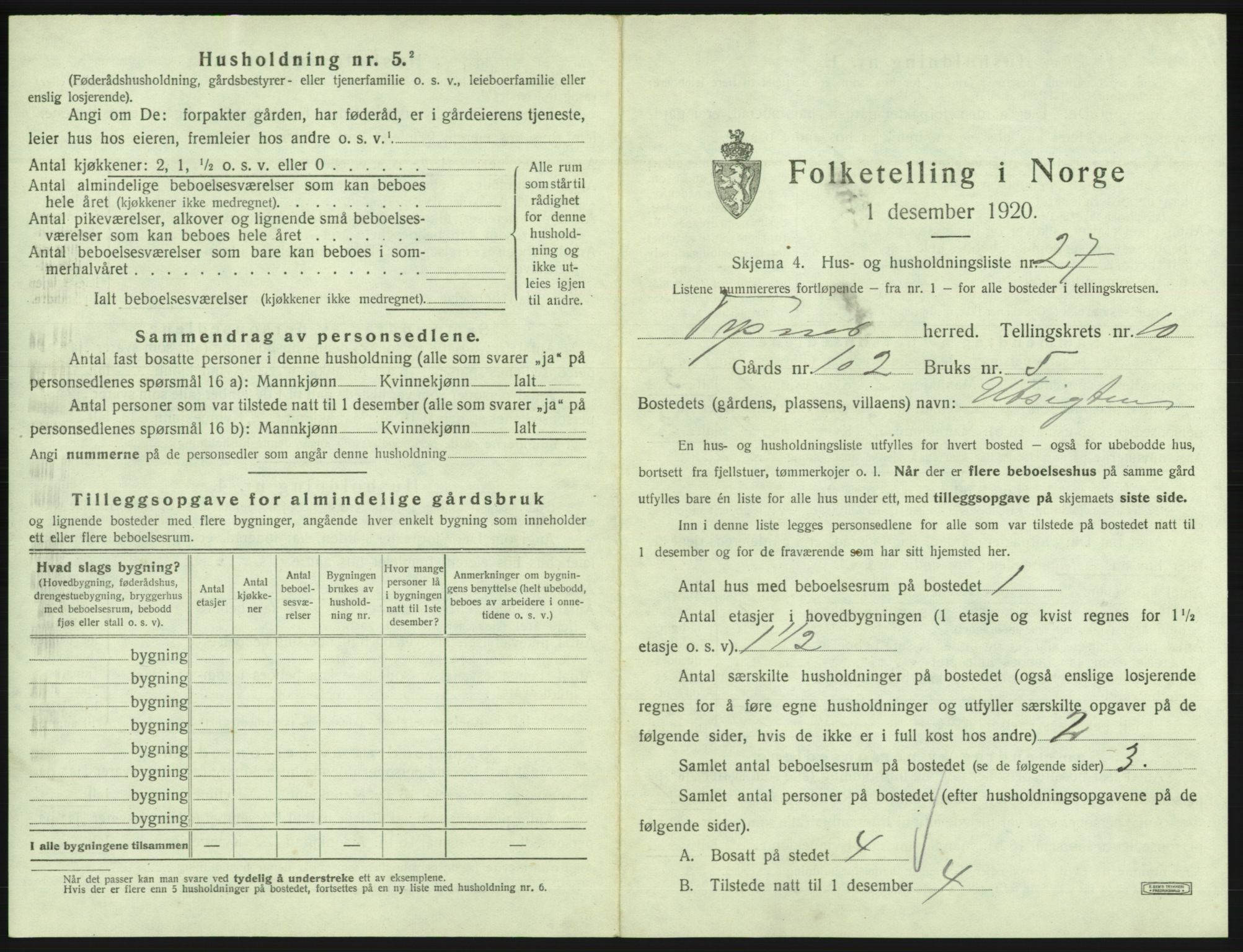 SAB, 1920 census for Tysnes, 1920, p. 1039