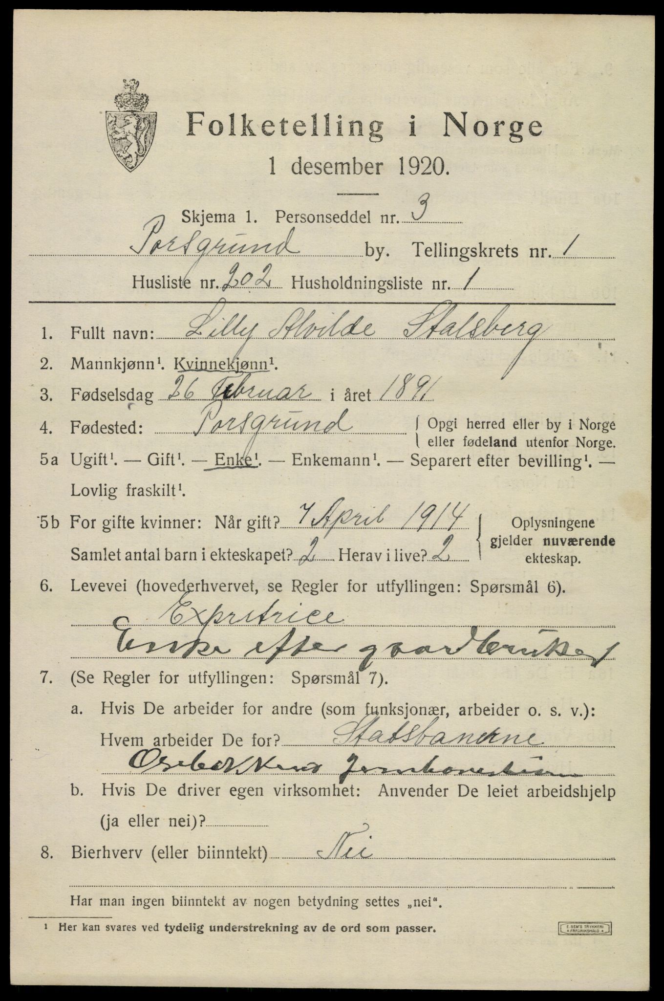 SAKO, 1920 census for Porsgrunn, 1920, p. 9435