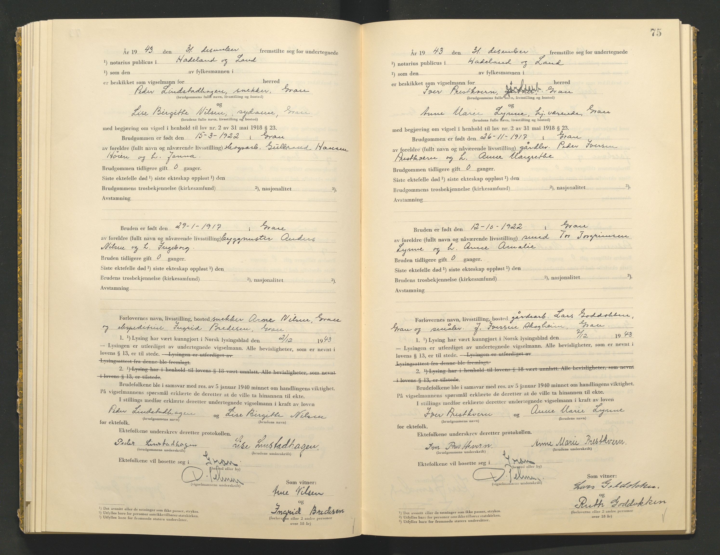 Hadeland og Land tingrett, AV/SAH-TING-010/L/Lb/L0002: Vigselbok, 1943-1944, p. 75